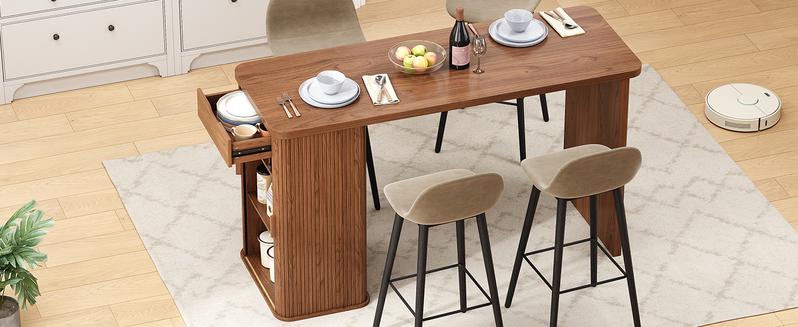 【Valentine's Day gift】ONBRILL 59 Inch Kitchen Island with Storage, Fluted Counter Height Table, Mid-Century Modern Kitchen Island Table with Sliding Door, Home Bar Tables with Wine Rack and Drawers
