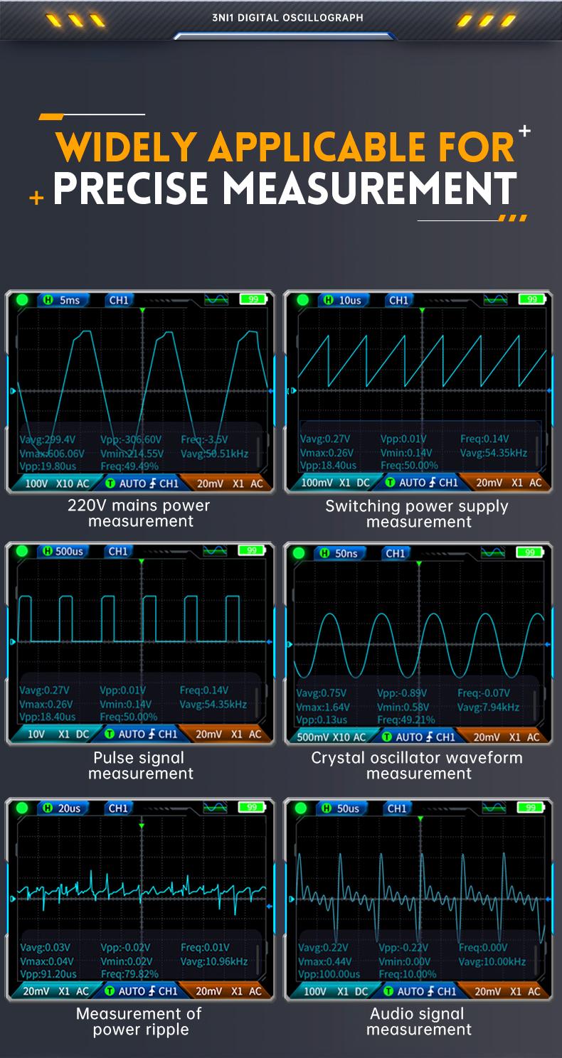 FNIRSI 2C23T 3 in 1 Handheld Oscilloscope Multimeter DDS Generator  2 Channels  10MHz Bandwidth  50MSa/s Sampling Rate  10000 Counts  Voltage  Current  Capacitor  Resistor  Diode Test