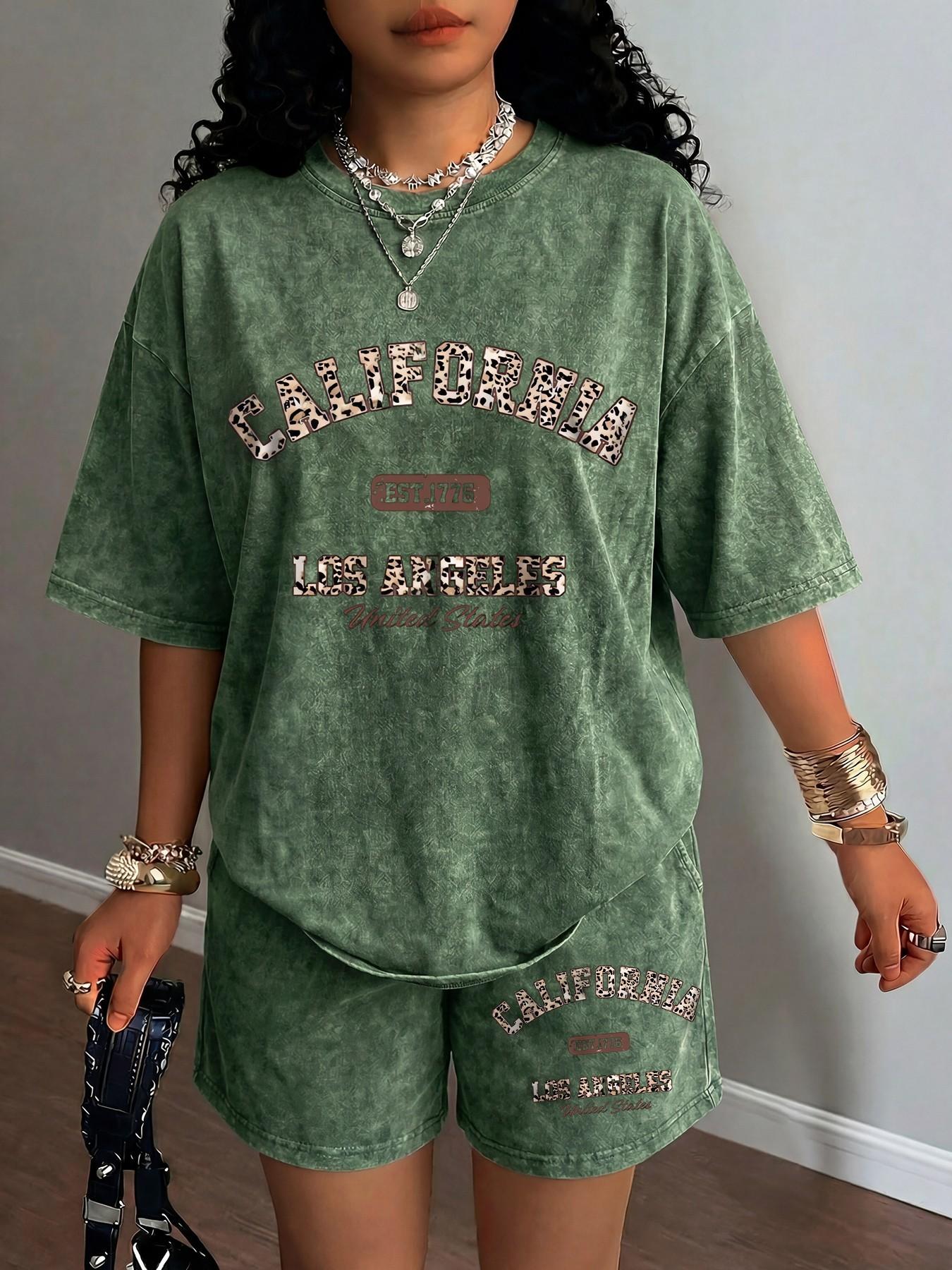 2-Piece Leopard Print Letter CALIFORNIA Washed Distressed Short-Sleeve Round Neck Top and Shorts Set Outfit - American Retro Vintage Chic Style, Available in Multiple Colors, Loose and Casual, Perfect for Lazy Night Out or Outings