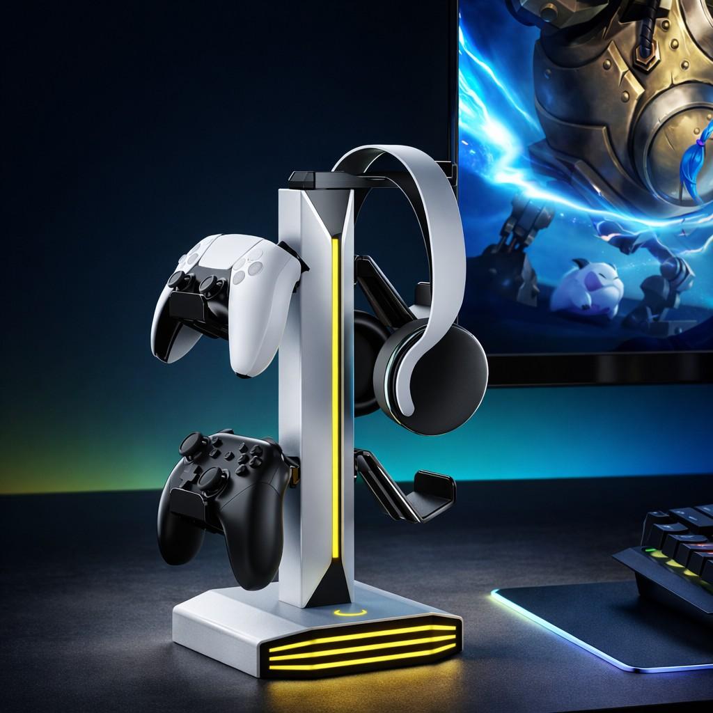 Headphone & Controller Stand with RGB Light, Rotatable Headset Stand, 9 Light Modes, 2 USB and Type-C Ports, Gaming Accessories