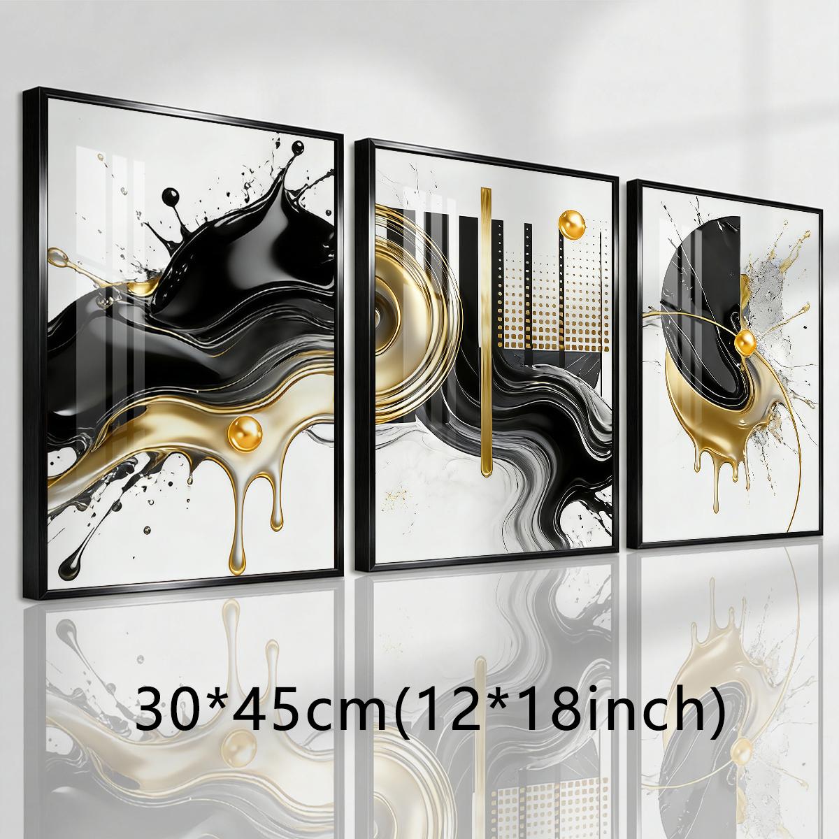 3 Counts Aluminum Alloy Framed Painting, Abstract Black And Gold Fluid Art Pictures, Home Decoration For Living Room, Bedroom, Office, Restaurant, Hallway Wall Decor, Odorless Print Artwork, Luxury Perfect Gift For Friends And Family
