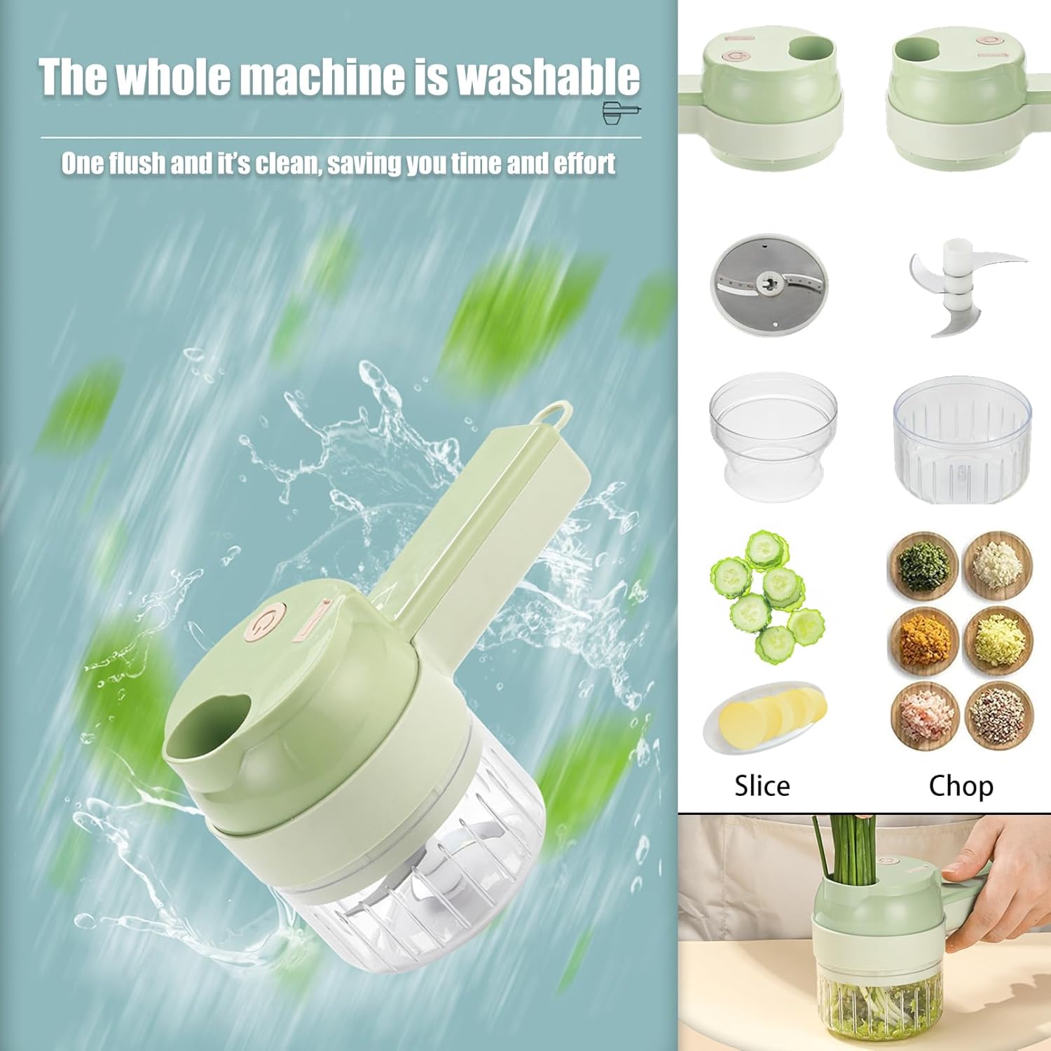 Multifunctional Portable Vegetable Processor, Electric 4-In-1 Chopper Set, Rechargeable, Ideal for Garlic, Peppers, Celery, Meat