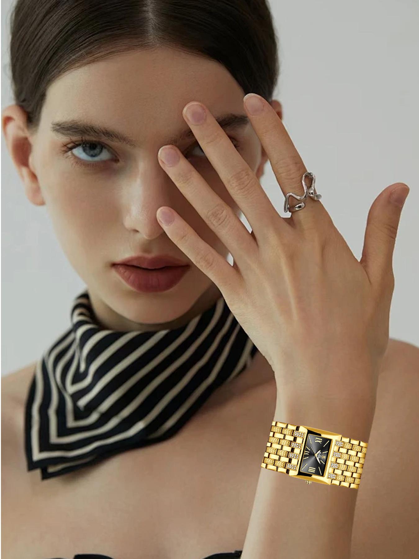 Women's Luxury Gold Square Diamond Watch - Elegant Bling Crystal Encrusted Bracelet with Roman Numerals, Stainless Steel Band, Fashion Dress Wristwatch, Perfect Gift for Her