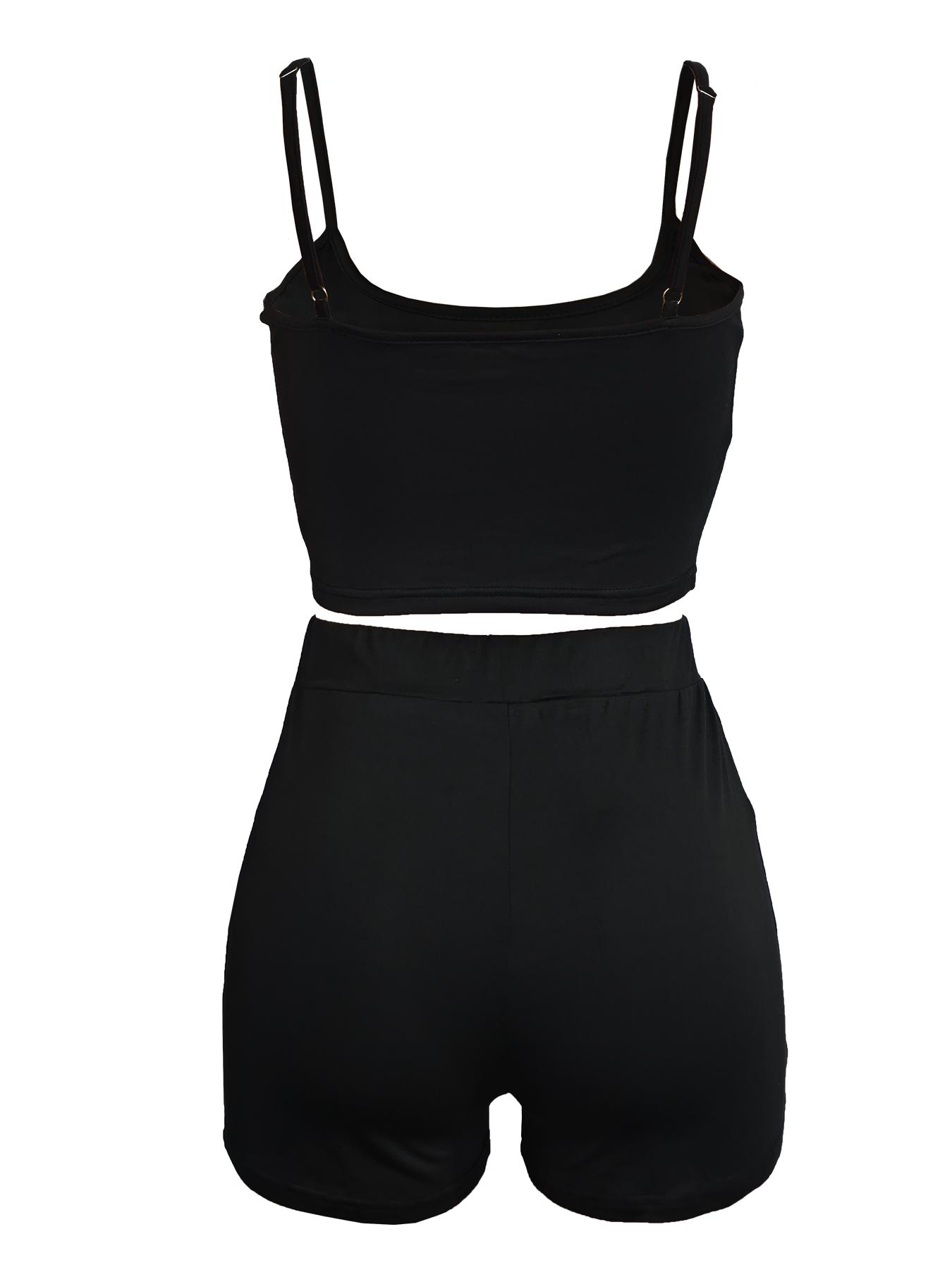 Adjustable waist cropped camisole top and elastic-waist fitted shorts, summer casual wear, women’s two-piece set