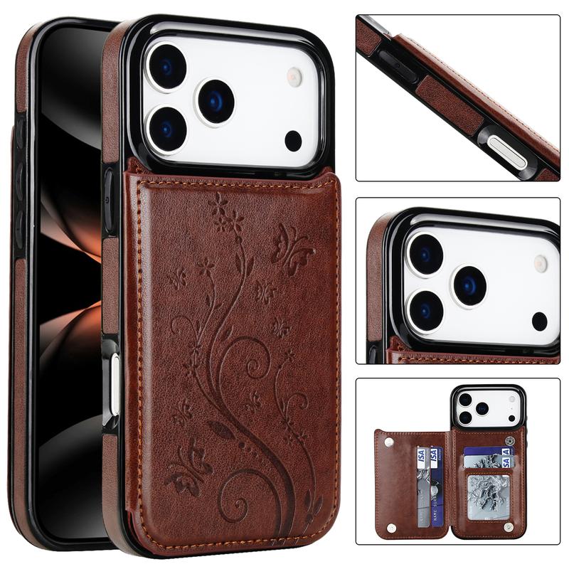 For iPhone 17 Pro Max 16 15 14 13 12 11 Magnetic Flip Leather Wallet Card Case with Card Holder Embossed Butterfly Premium PU Leather Kickstand Case