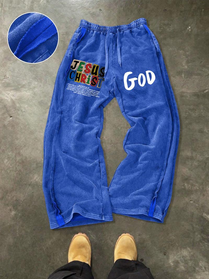 Men's Washed Cotton Sweatpants, Side Hem Stitching Long Pants, Jesus Print, Multiple Colors Available, Casual Fitted H-Type
