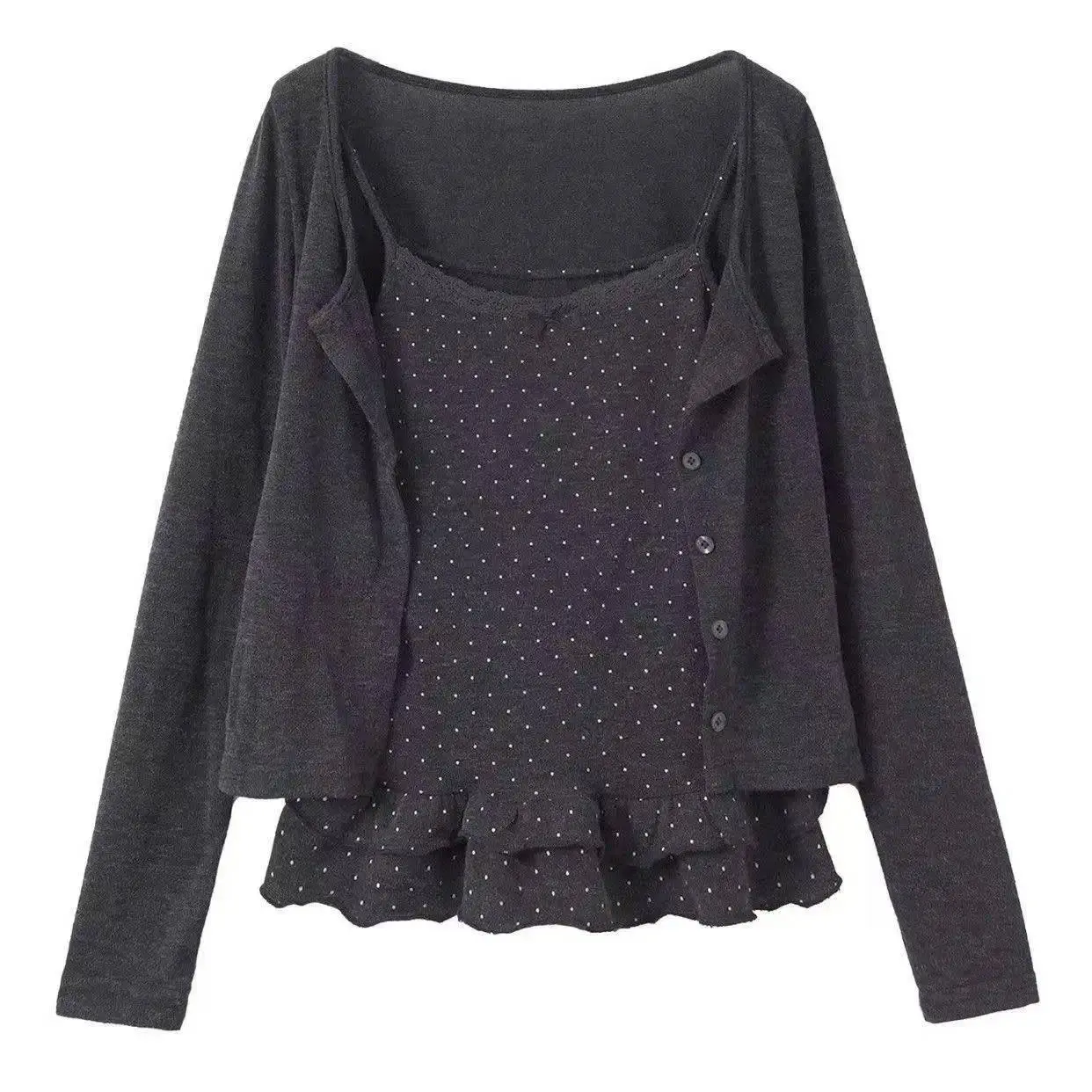 Vintage Gyaru Shoujo Korean Coquette Ballet Core Two Piece Top Matching Set Y2K Retro Long Sleeve Tee Teen Girls Daily Outfit
