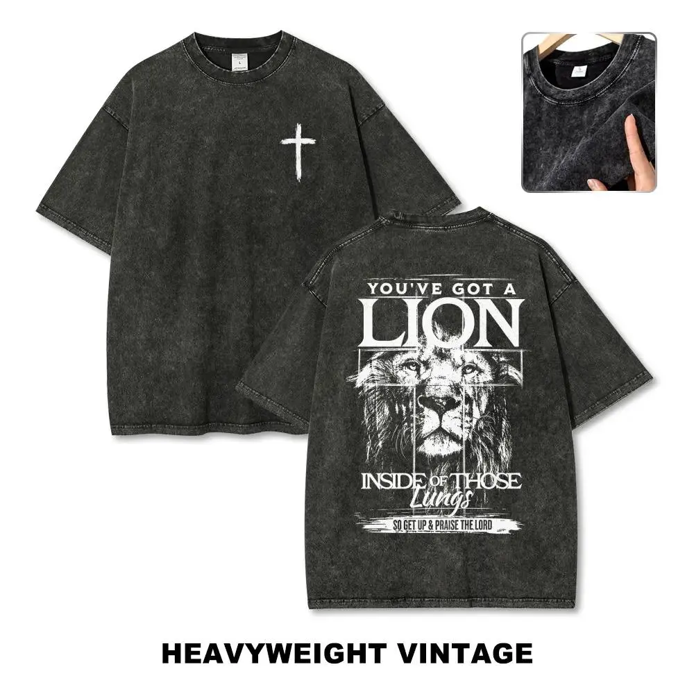 Christian Faith Graphic Tee - 'You've Got A Lion Inside Those Lungs' Vintage Lion & Cross Print Washed Oversized Unisex Casual T-Shirt
