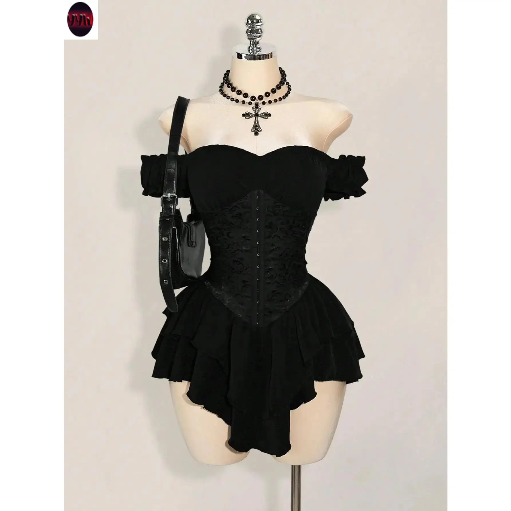 YYW1 Women's Off-Shoulder A-Line Chiffon Mini Dress Gothic Jacquard Ruffle Trim with Tie Waist Elegant Party Dress Guest Vacation Dinner Club Night Out