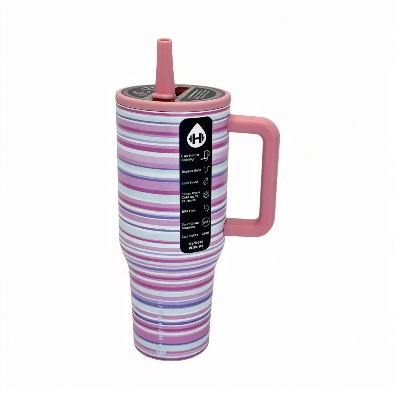 HydroJug 40oz Insulated Stainless Steel Flask with Handle & Straw Lid, Pink Horizon Striped Vacuum Drinkware, 24H Cold Retention, Leakproof Car-Holder Friendly Tumbler for Gym & Daily Hydration, Flasks, Insulation beverage ronaldo fan big capacity