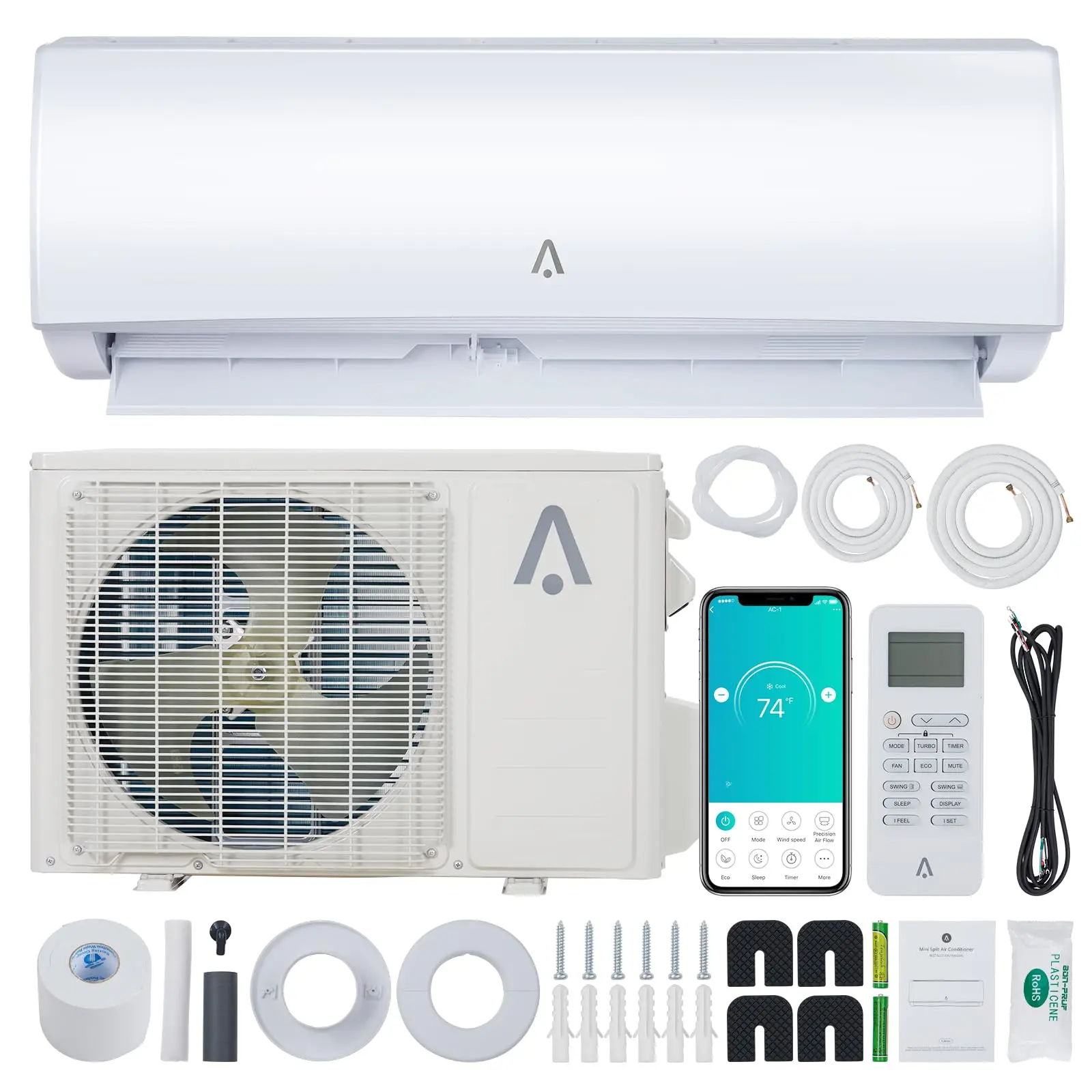 GARVEE 18000 Btus Wifi Enabled Split-System Air Conditioners, R454B 20 SEER2 230V Inverter Ductless Split AC Unit With Pre-Charged Condenser, Heat Pump & Installation Kit, Covers Up to 1250 Sq. Ft
