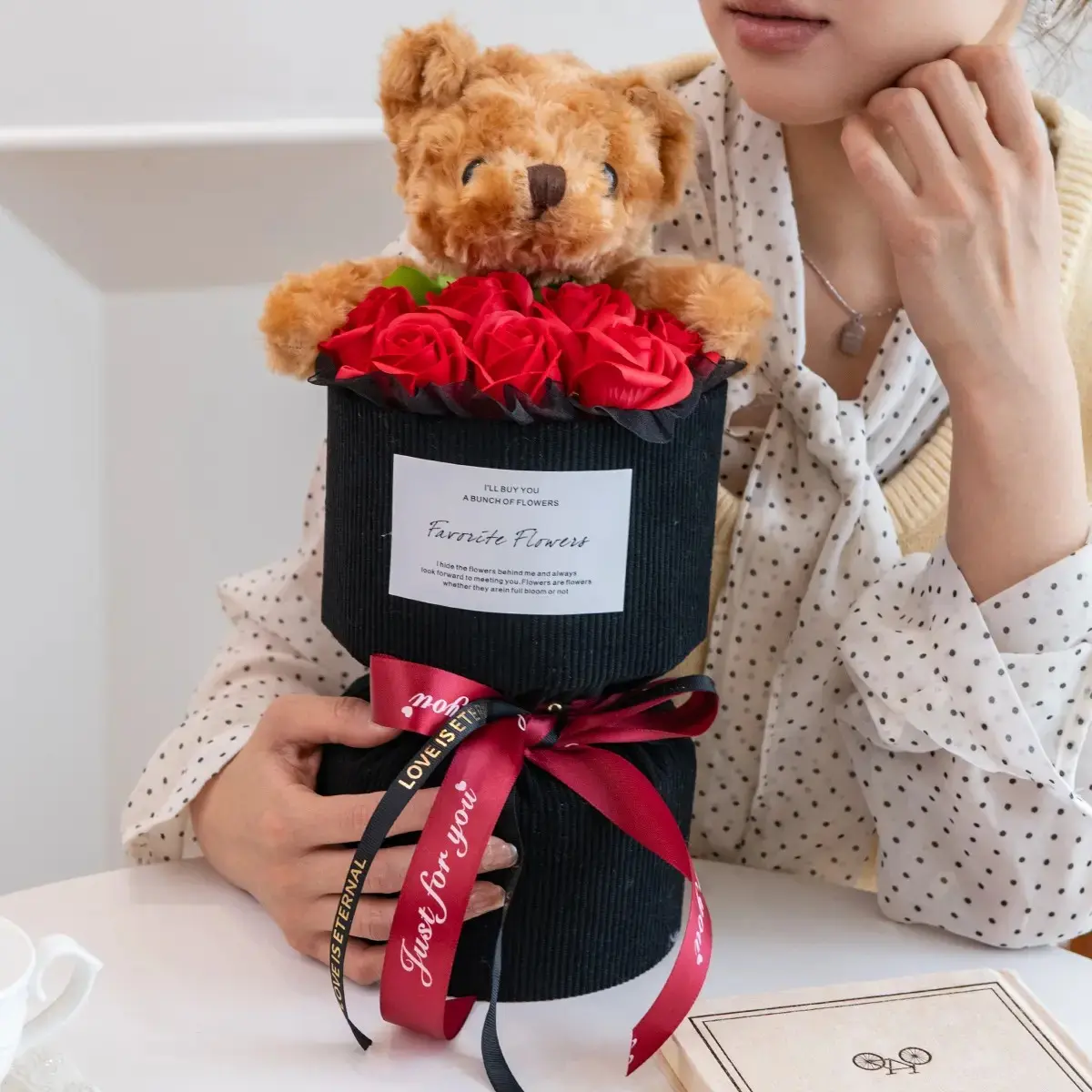 Cute Teddy Bear Rose Bouquet, Romantic Gift Box for Girlfriend, Mom, Wife, Birthday Valentine's Day Gifts, Valentines Boxes, Artificial Flowers