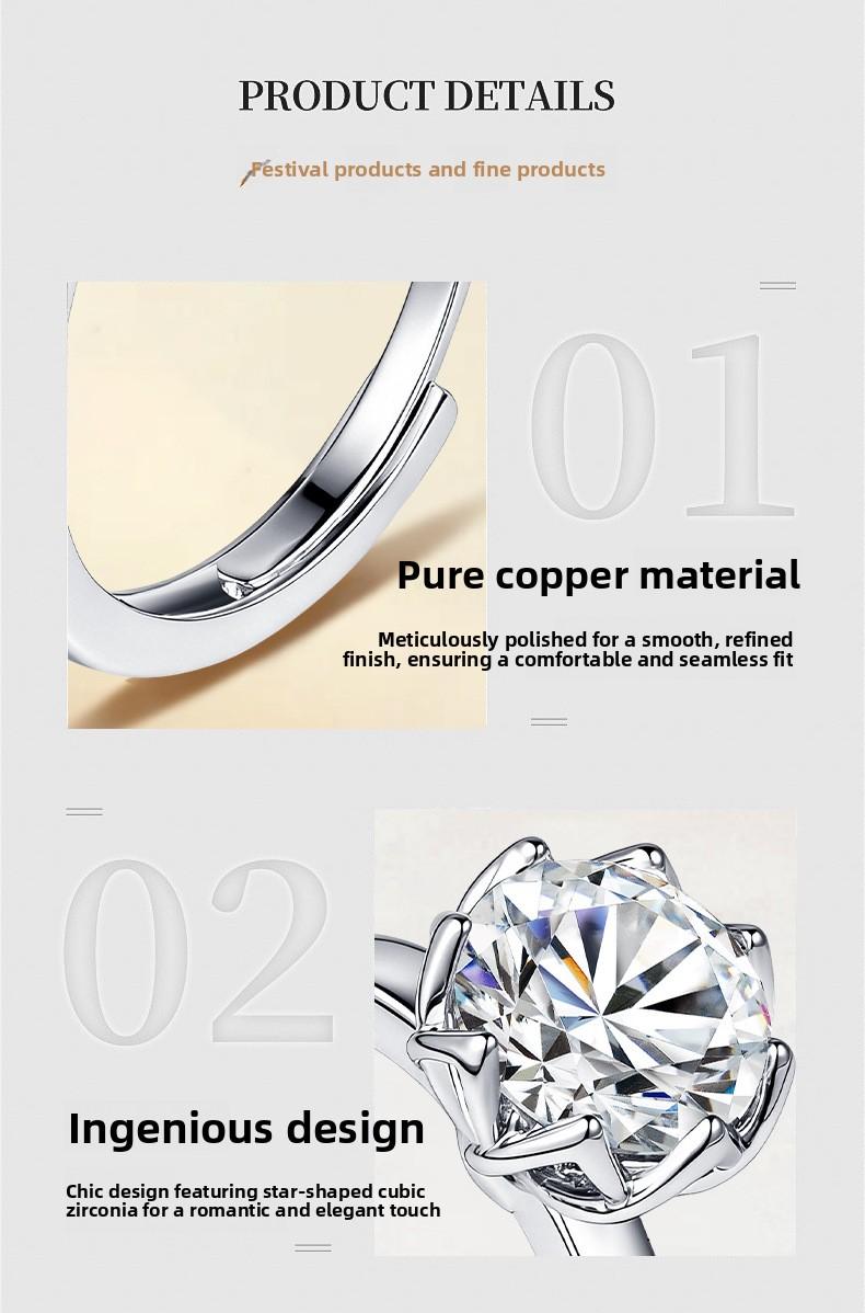 Copper alloy classic six-prong ring for women, simulated moissanite ring, women's ring, European and American luxury foreign trade jewelry manufacturer