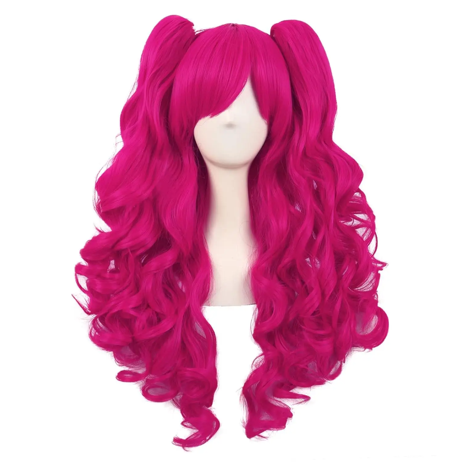 Lolita Long Curly Cosplay Wig with 2 Clip-On Ponytails, Hot Pink | 28 Inch/70 cm Wig, 20 Inch/52 cm PonytailGift