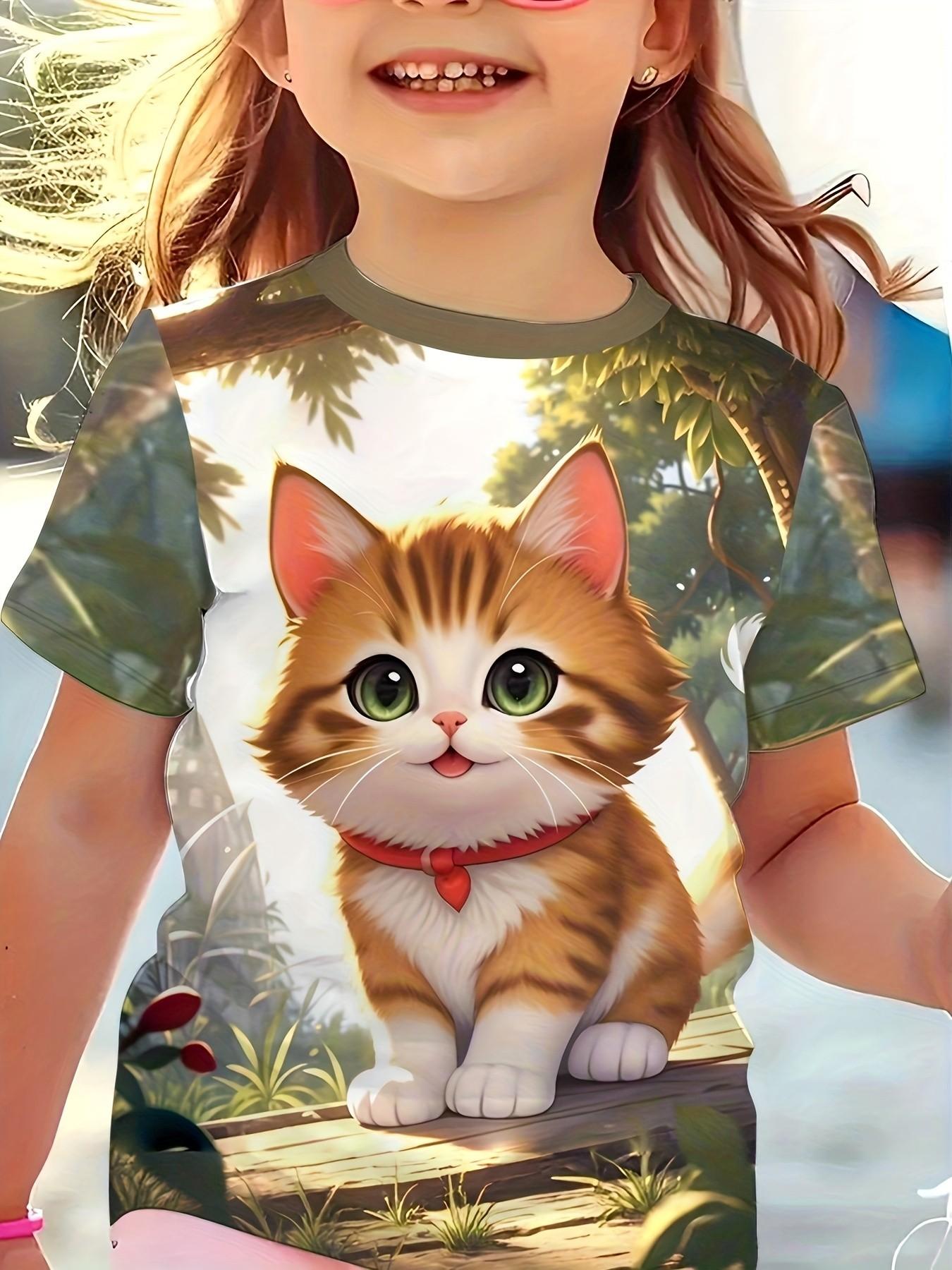 3D Cat Print Short Sleeve T-Shirt, Round Neck Cartoon Pattern Top, Summer Kids Fashion, Casual Loose-Fitting Tee
