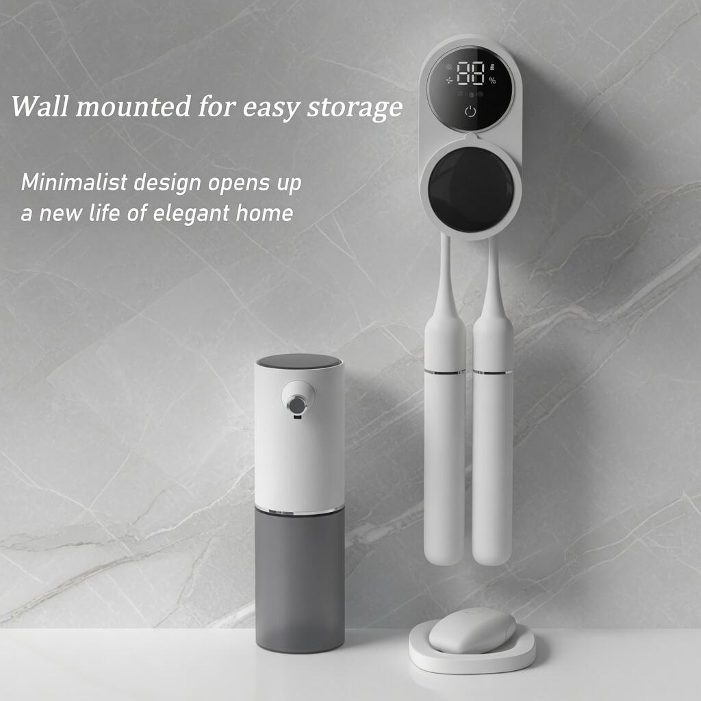 UV-C Light Sanitizing Wall-Mount Toothbrush Holder, Compact & Lightweight Durable ABS Bathroom Accessory with USB Charging Stand, Auto Sense, Rechargeable LED Screen, Automatic Dispenser, Portable for Travelers, Sanitizes Brushes