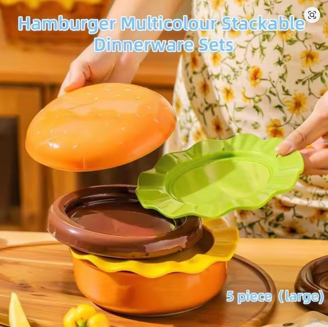 New Stackable Ceramic Burger Plate Mini Multicolor Hamburger Plate Set Easy to Clean 5-Layer Divided Plates