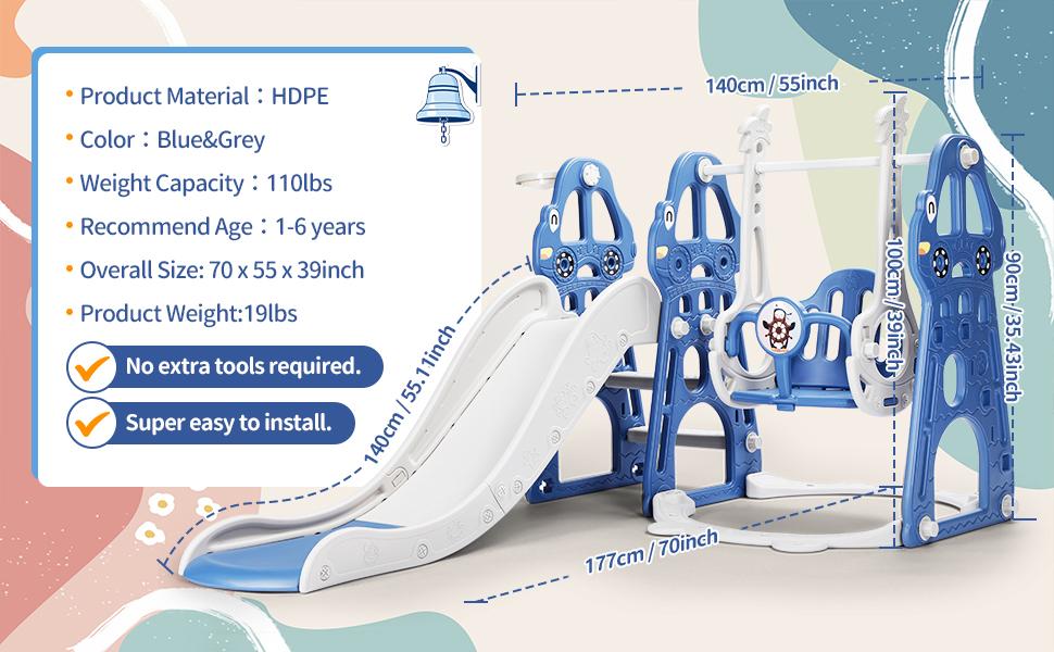 Rengue 4 in 1 Toddler Swing and Slide Set for Age 1-6 Indoor Playground for Children Baby Swing Set with Slide, Climber, Basketball Hoop and Long Slide for Boys and Girls Blue
