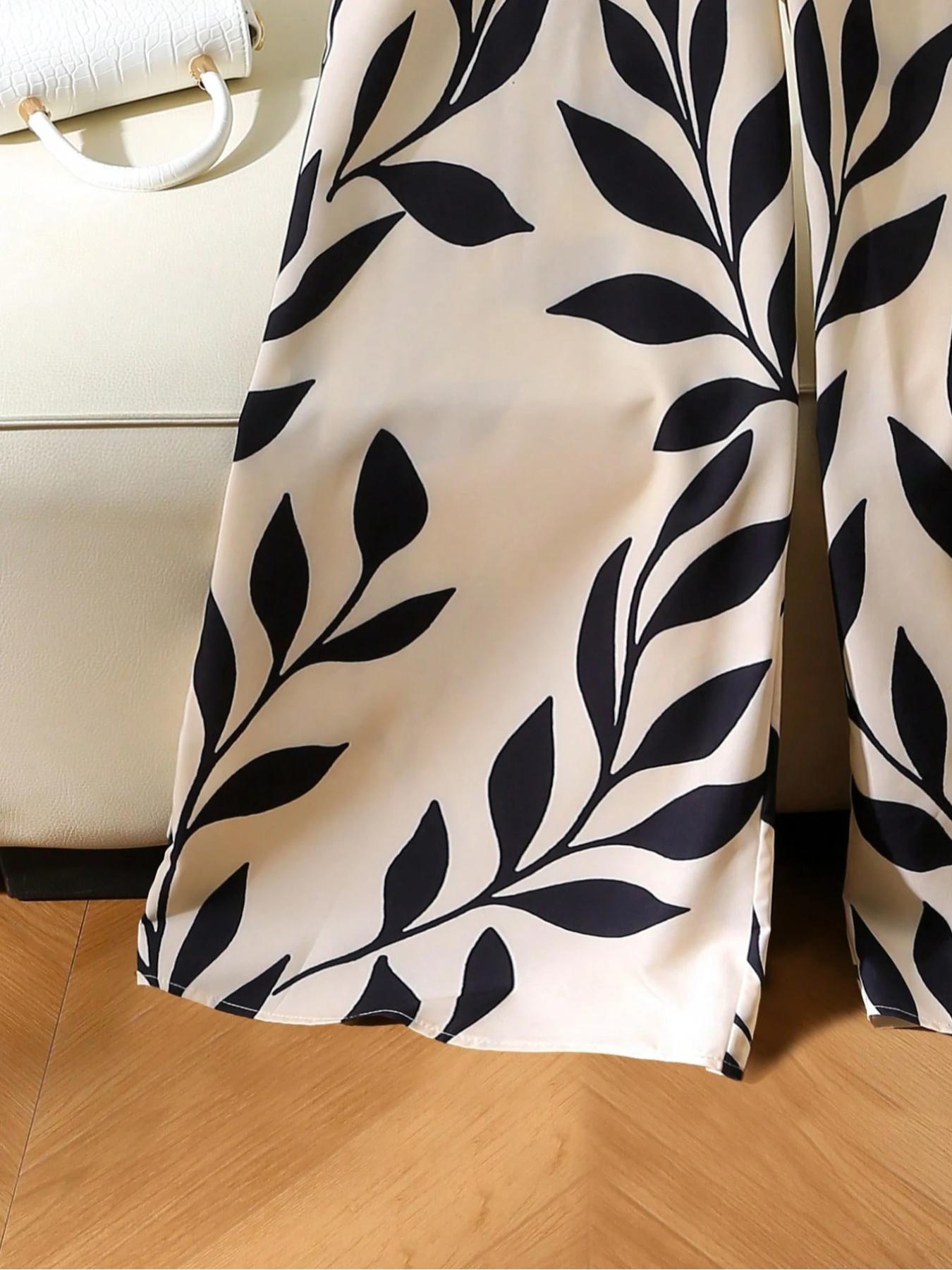 Women's V Neck Leaf Print Wide Leg Jumpsuit, Sleeveless High Waist Design, Fashionable Comfort, Perfect for Casual & Formal Wear, Elegant Fashion Jumpsuit