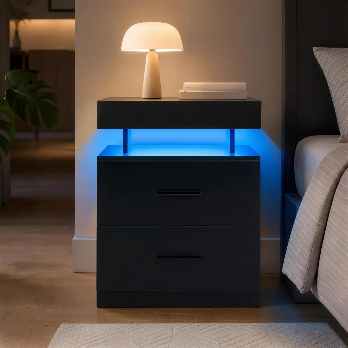 RGB LED Nightstand with 2 Fabric Drawers, 16 Color Changing Bedside Table, App & Remote Control Modern End Table for Bedroom