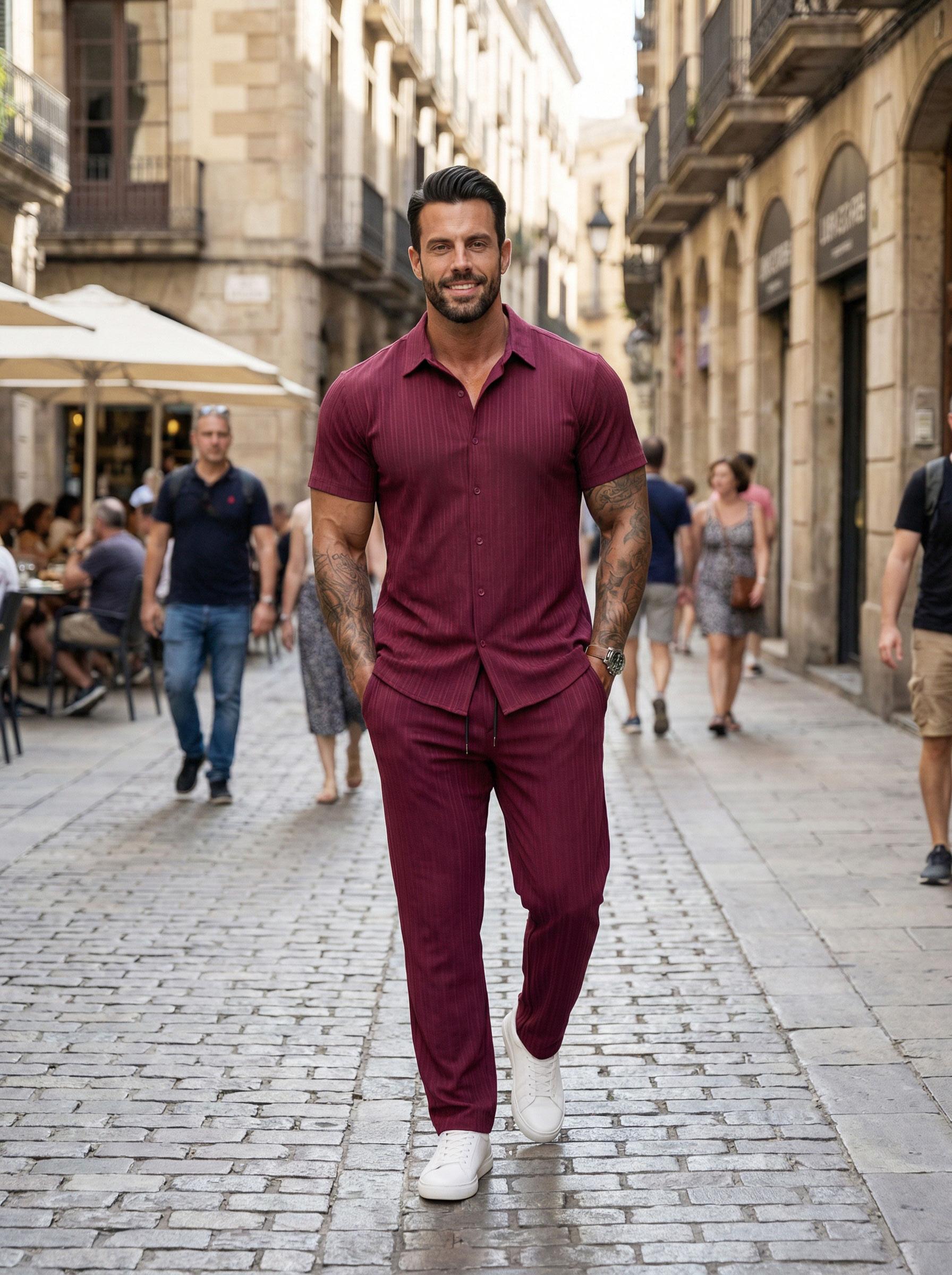 KZZ Men's Maroon Button-Front Shirt & Drawstring Pocket Trousers Set - Casual Short Sleeve Fitted Shirt & Elastic Waist Trousers for Summer Wear - Formal Menswear, FallFreshness Shortsleeve christmas gifts for him KZZ Men's Maroon Button-Front Shirt & Drawstring Pocket Trousers Set - Casual Short Sleeve Fitted Shirt & Elastic Waist Trousers for Summer Wear - Formal Menswear, FallFreshness Shortsleeve christmas gifts for him