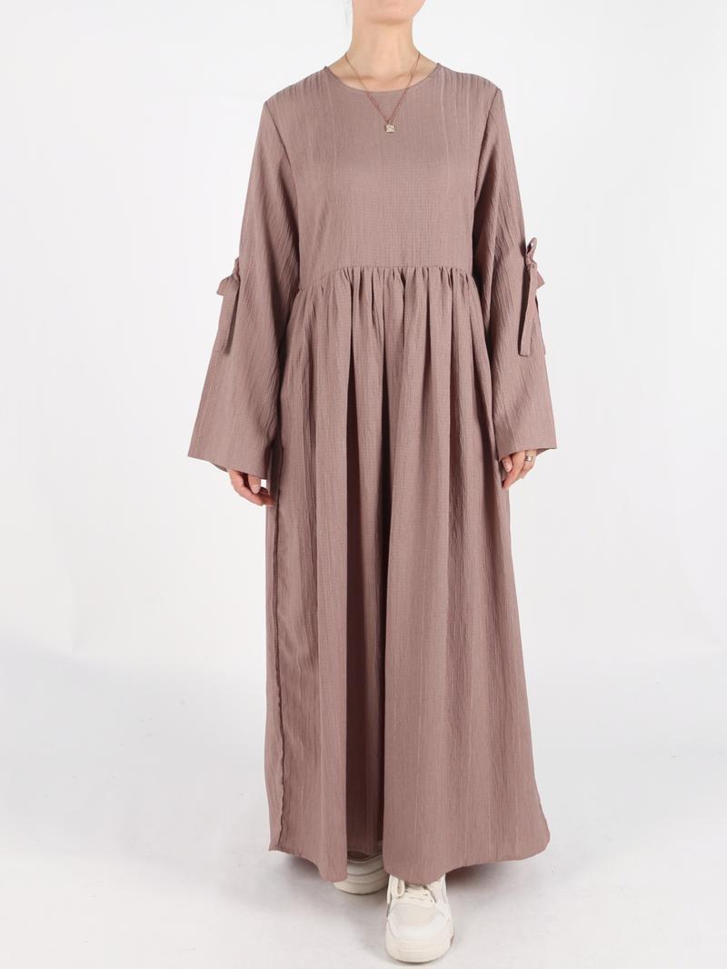 Women's Plain Bow Decor Flounce Sleeve Pocket Smock Dress, Casual Long Sleeve Round Neck Zipper Back Dress for Daily Wear, Ladies Clothes for All Seasons