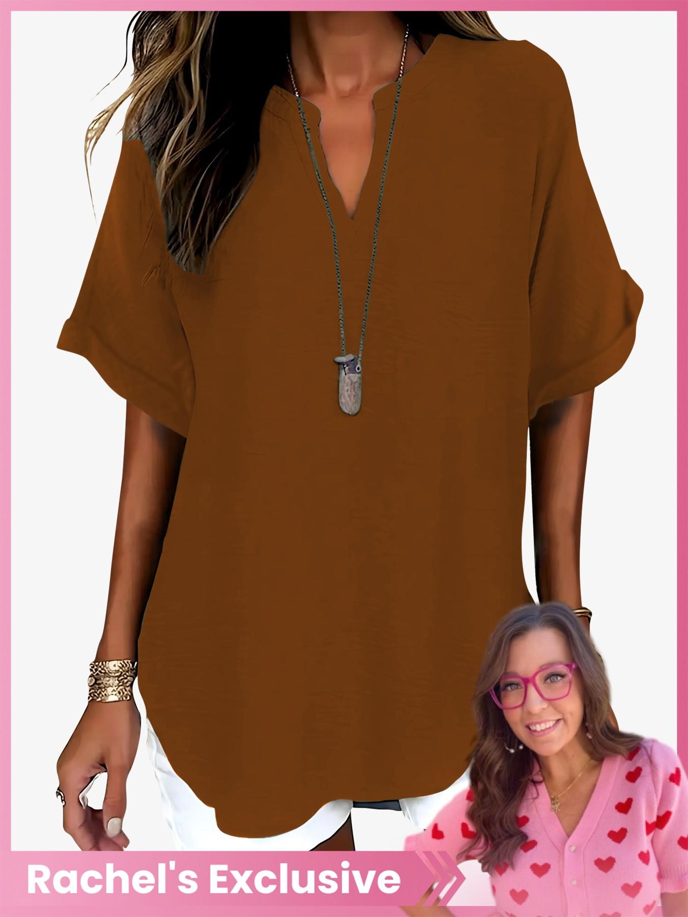 Women's Simple Solid Color Commuter V-Neck Drop Shoulder Vintage Versatile Top, Short Sleeve Fitted H-Type Blouse, Casual Fashion Shirts