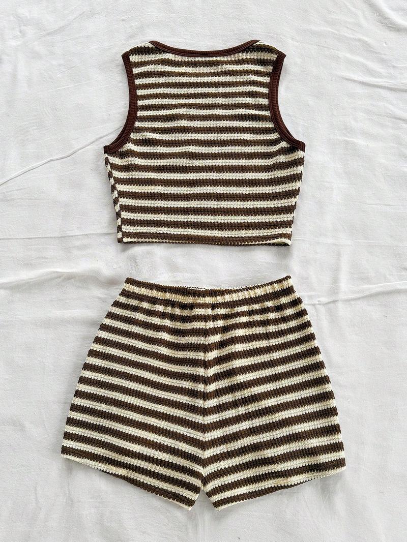 Women's Casual Knitted Striped Backless Short Sleeve Top with Elastic Waist Shorts, Perfect for Vacation Wear, 2 Piece Set