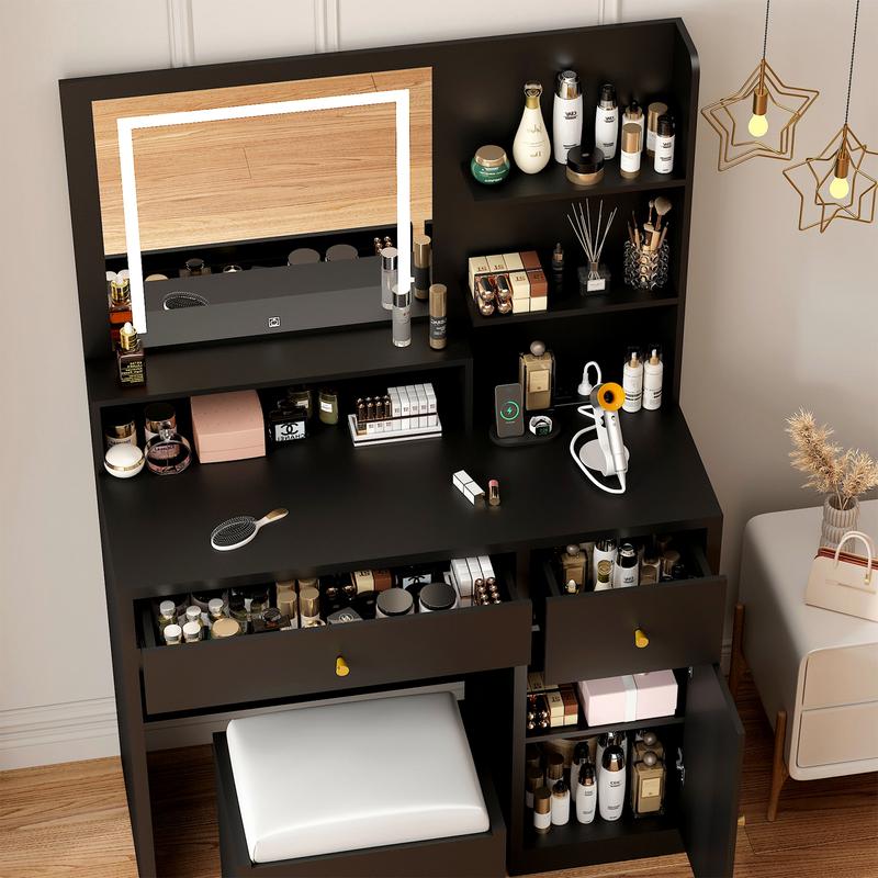 Vanity Desk Set with LED Light Mirror & Power Outlet, Makeup Table with 3 Shelves & 2 Drawers & 3 Level Adjustable Cabinet & Makeup Vanity Stool for Women, Girls(37")