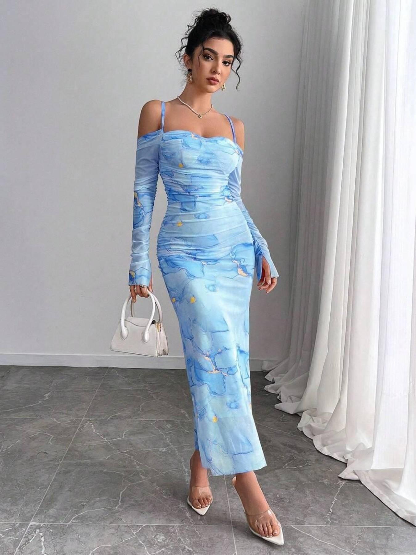 Lafayette Women's Mesh Long Sleeve Dress, Off-Shoulder Mermaid Skirt Gown, Elegant Evening Wear, Perfect for Special Occasions