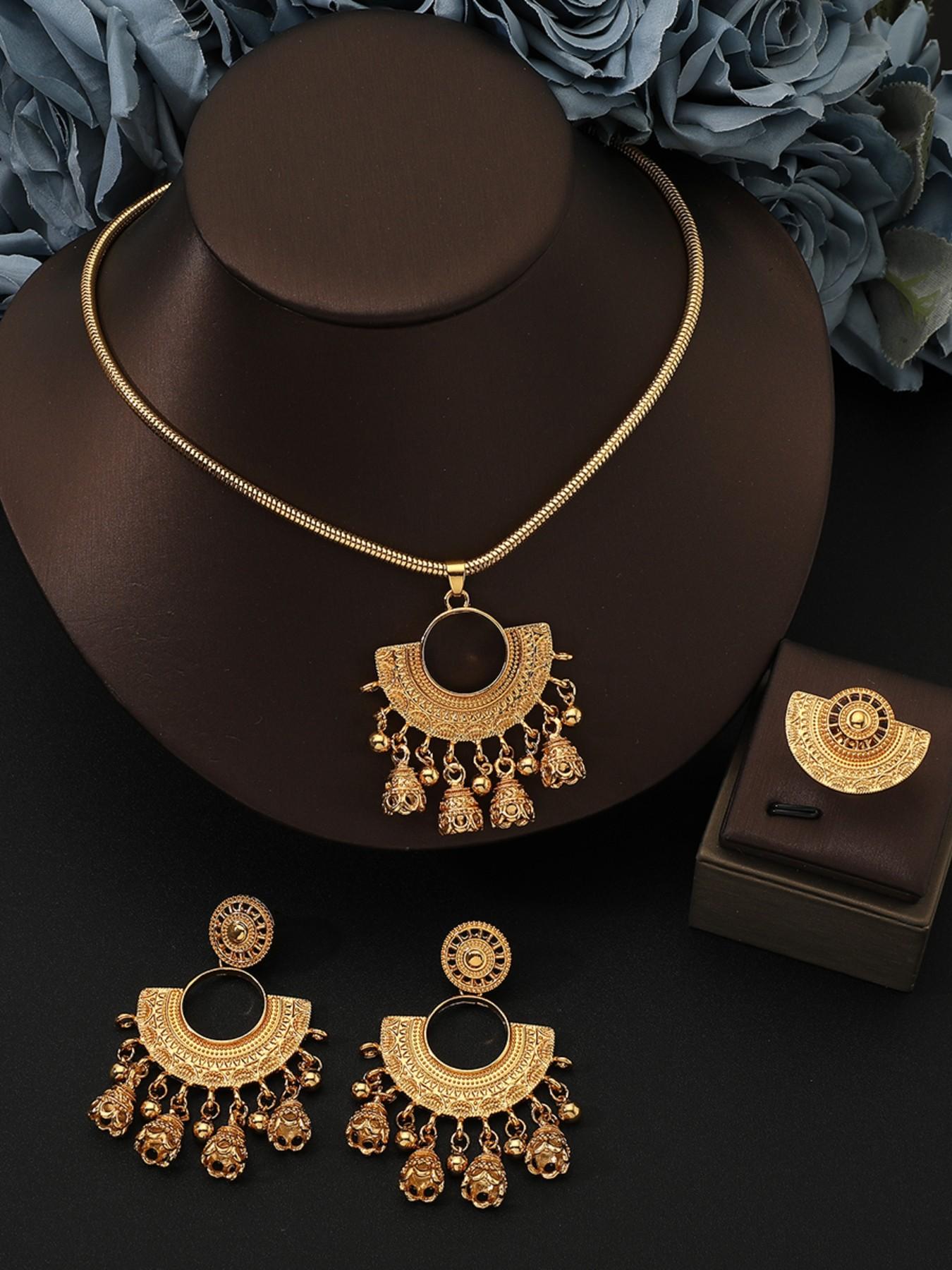 Vintage Bell Set Necklace Earrings Ring, Elegant Ethnic Wedding Party Accessories, All Seasons Jewelry Set