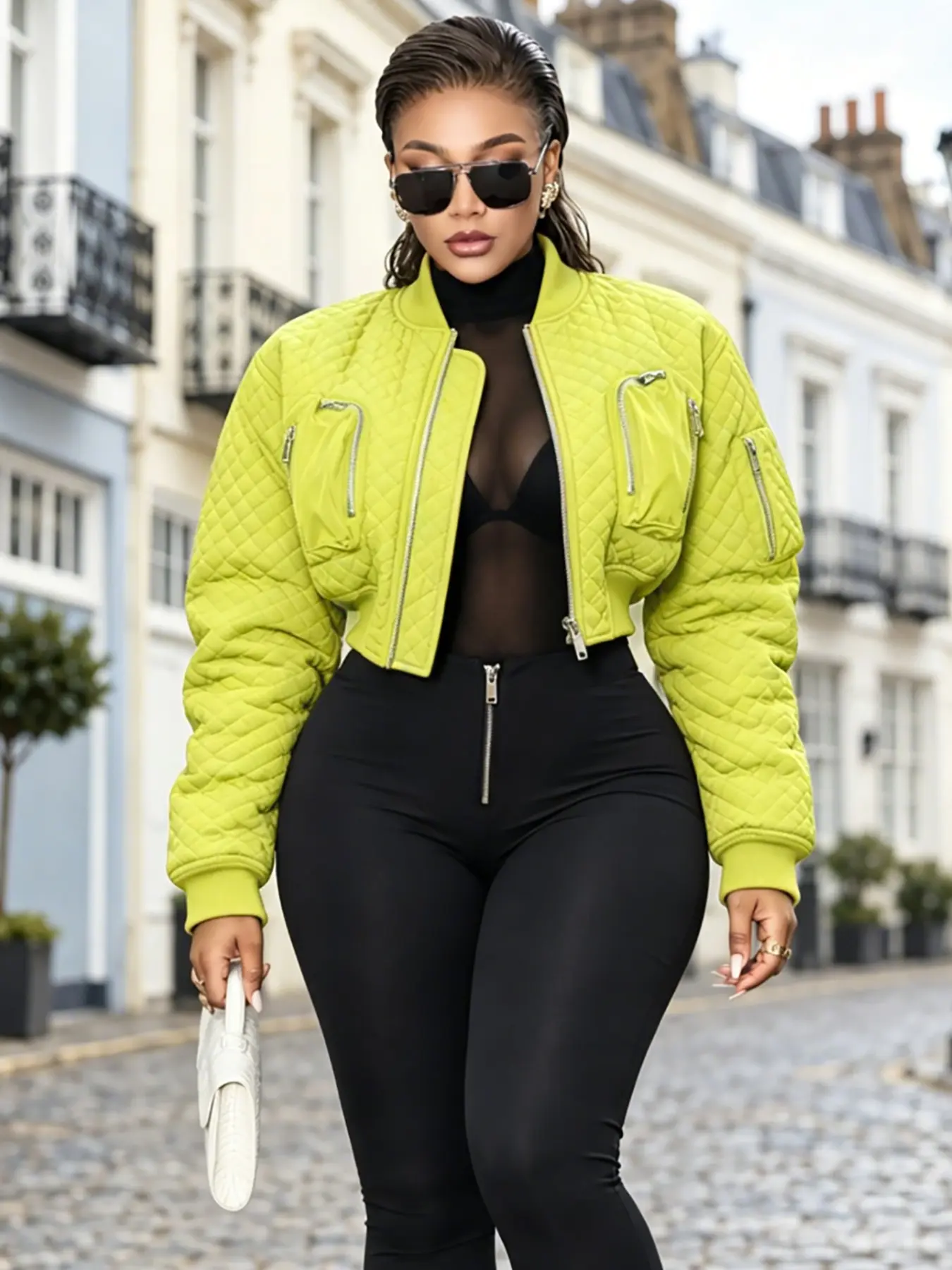 Women's Cropped Short Quilted Bomber Jacket Padded Zip Up Utility Jacket Multi Pocket Long Sleeve Warm Fall Winter Outerwear