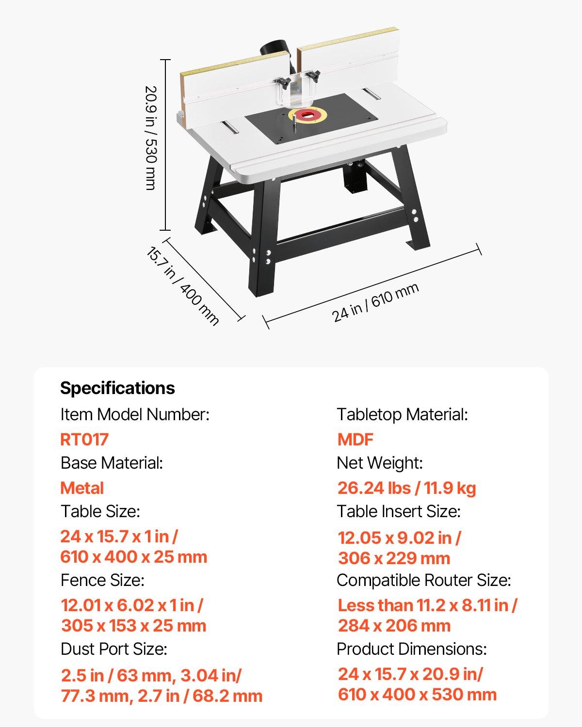 VEVOR Benchtop Router Table, 24 in x 15.7 in, Bench Top Routing Table with Adjustable Fence, MDF Top, Sturdy Metal Base, 2-1/2 in Dust Collection Port, Compatible with Routes & Various Drill Bits VEVOR Benchtop Router Table, 24 in x 15.7 in, Bench Top Routing Table with Adjustable Fence, MDF Top, Sturdy Metal Base, 2-1/2 in Dust Collection Port, Compatible with Routes & Various Drill Bits
