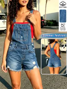 Dark Wash Distressed Sleeveless High Waist Rolled Frayed Hem Denim Short Overalls, Stylish Casual Wear, Perfect for Summer