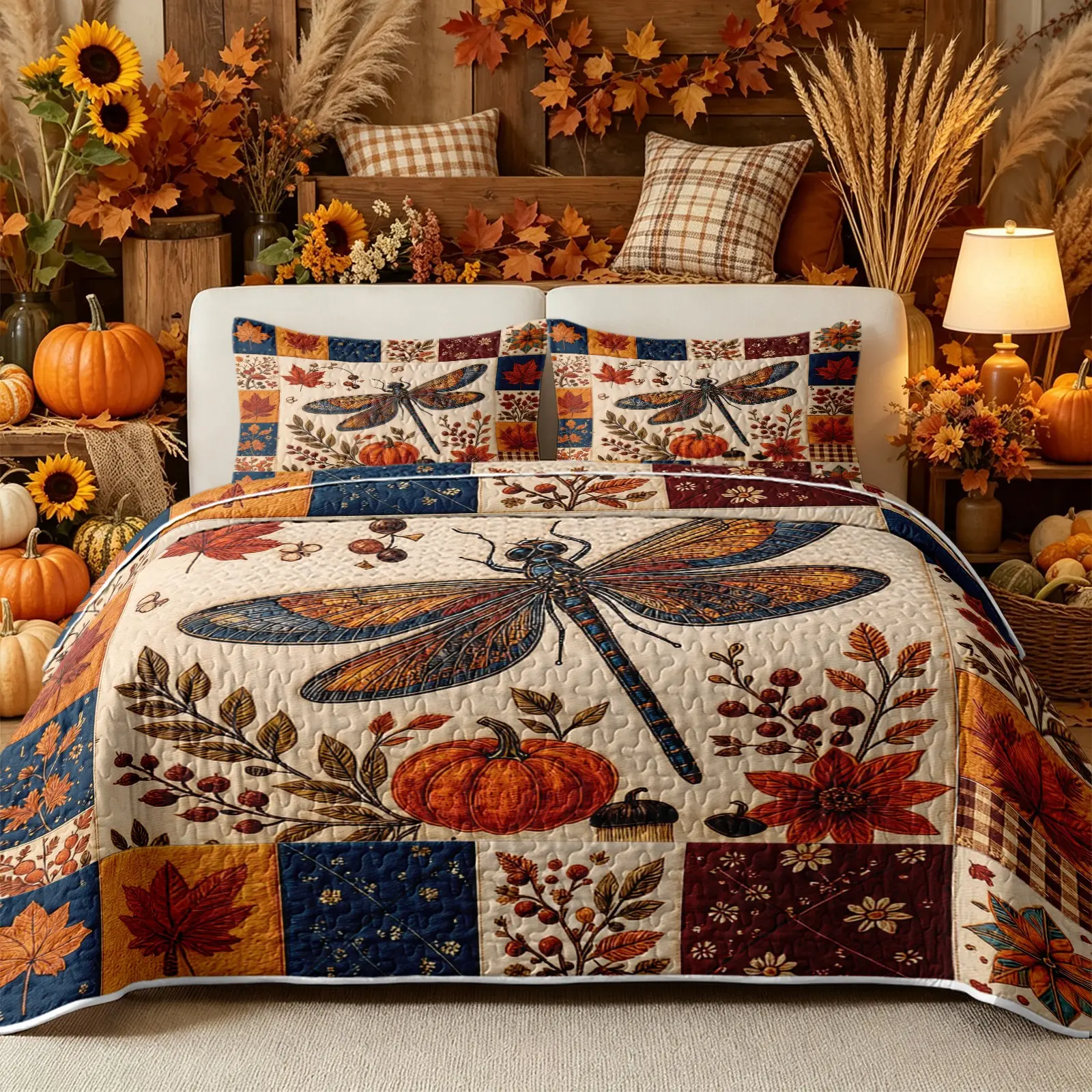 3Pcs Quilt Set, 1 Quilt + 2 Pillow Shams, Autumn Maple Pumpkin Dragonfly Vintage Patchwork Print, Reversible, Cozy Soft, No Inner Filling, All Season Fall Bedding, Nice Autumn Home Gift