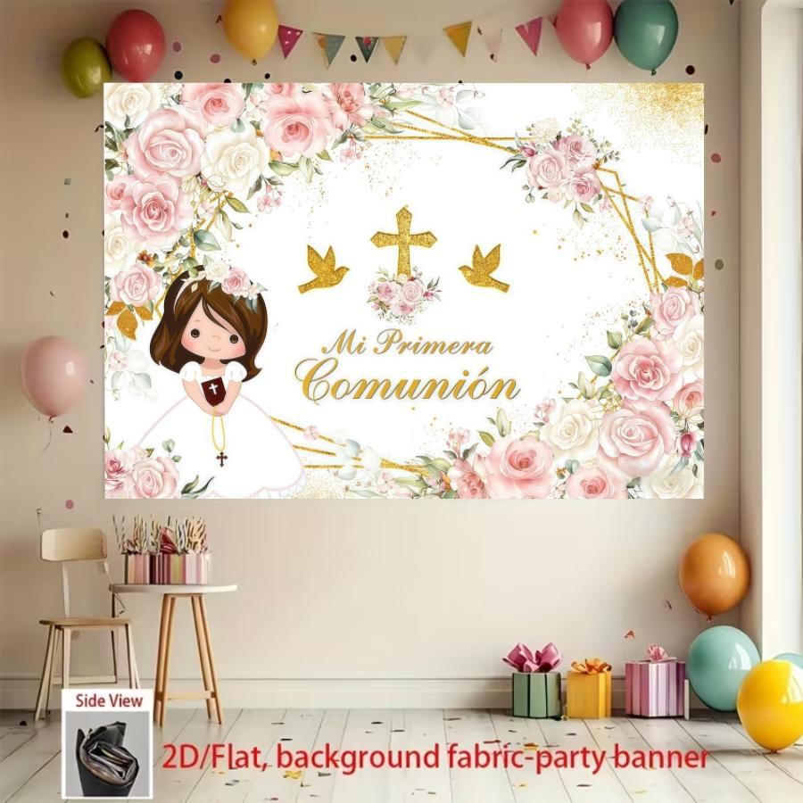 Spanish First Communion Background Banner, Bohemian Baptism Party Decor, Flowers, Polyester, Indoor Outdoor Birthday Party Decoration