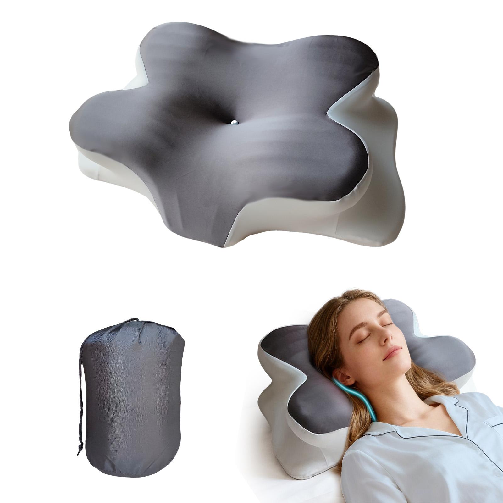 Gray butterfly-shaped neck pillow, ergonomic memory foam pillow, breathable and washable silk pillowcase, suitable for side, back and stomach sleepers, with a storage bag for easy portability, perfect for camping, travel, RV and dorm rooms