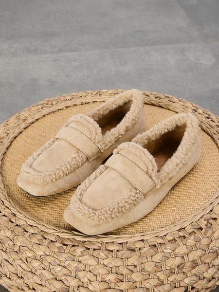 Women's Fall Winter PU Leather Casual Loafers, American Retro Style Furry Slip-On Shoes, Soft Rubber Sole, Warm & Comfortable Design