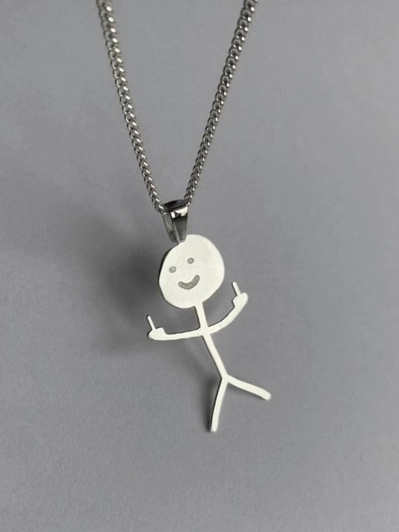 Funny Middle Finger Stick Figure Necklace, Fun and Unique, Unisex Accessory, or Silver Color, Trendy and Cool