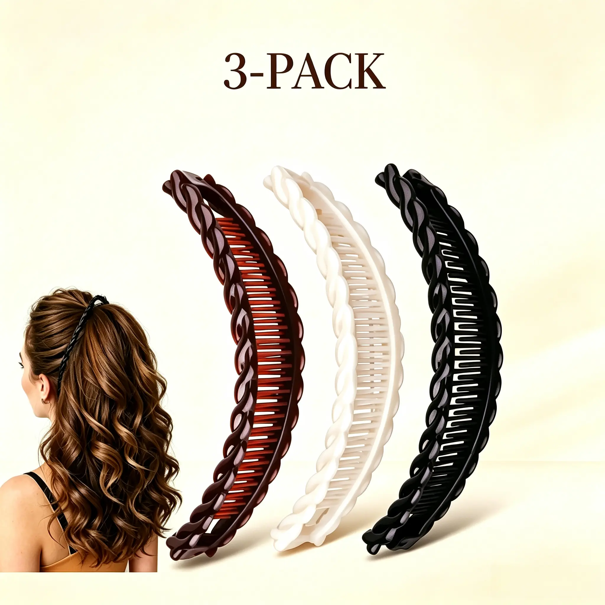 3-Pack Vintage Banana Hair Clips for Women, Strong Hold Hair Styling Clips for Thick & Long Hair, Retro Ponytail Accessories for Curly Hair, Everyday Updo Hairstyle Tools
