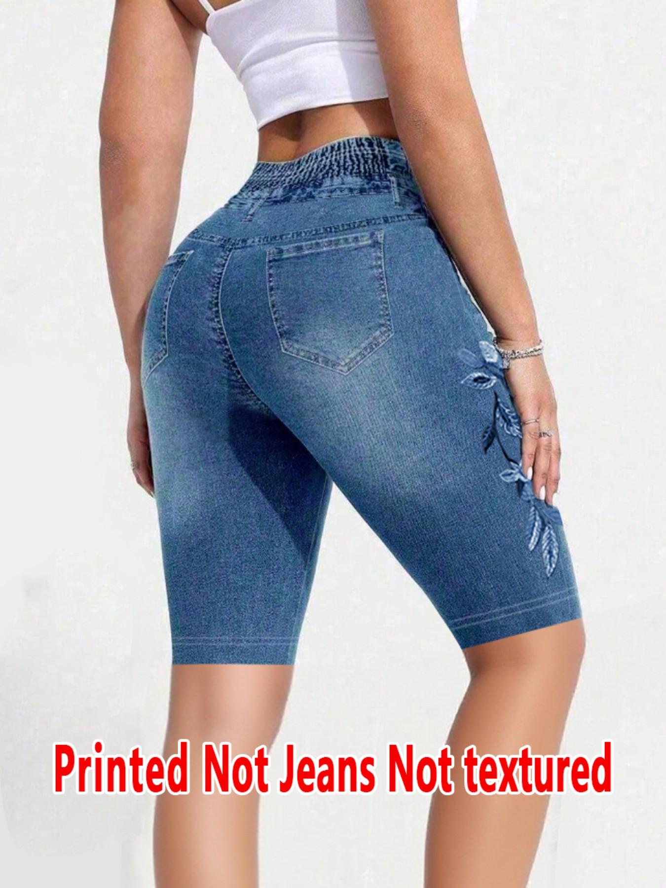 Women's Printed Skinny Pants Non-Denim Fabric, Ladies Short Five-Pocket Bottoms, Faux Denim Print Base Pants for All Seasons