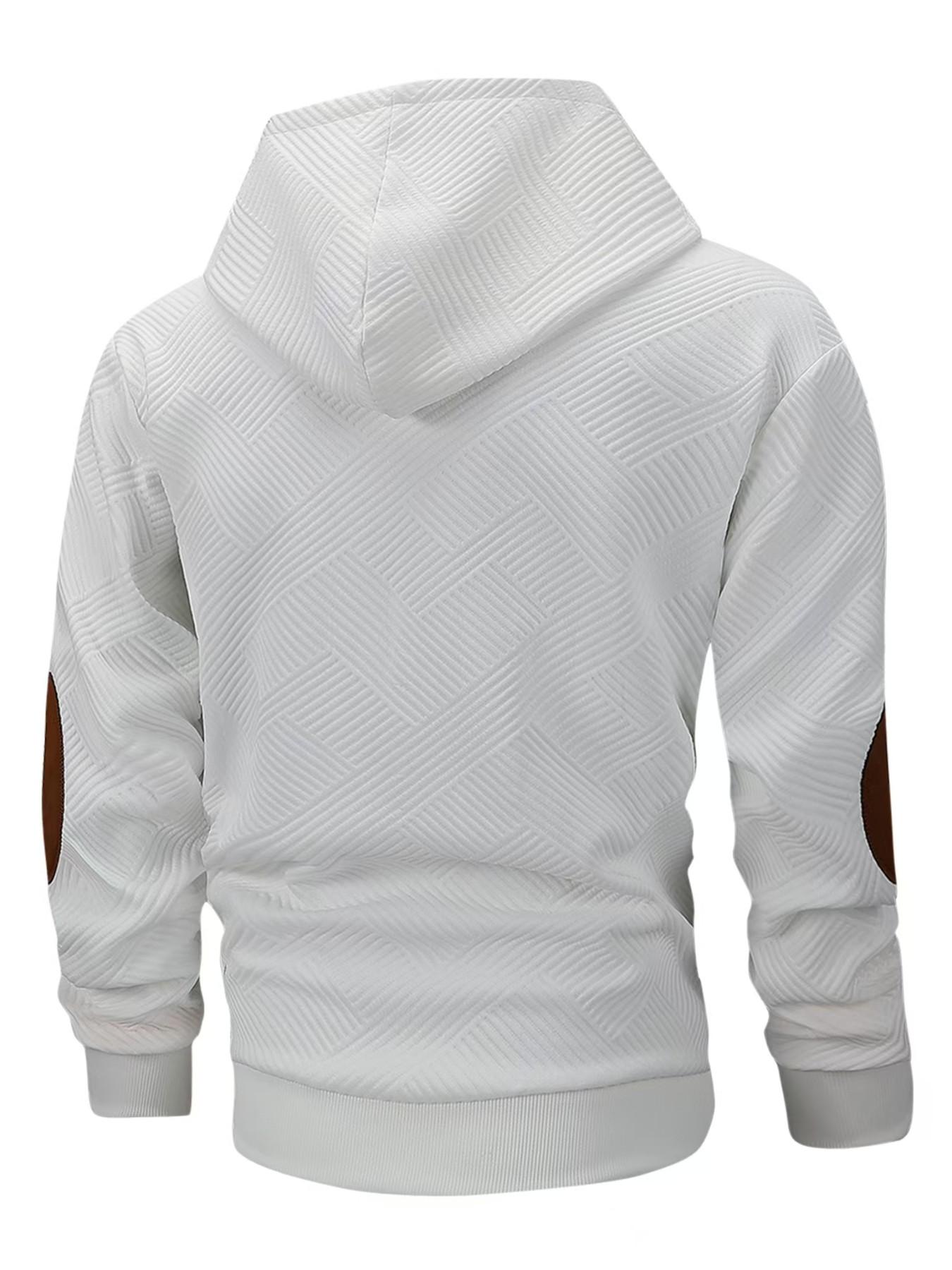 Men's Geometric Textured Hoodie Sweatshirt, Contrast Leather Patch, Loose-Fit Pullover for Fall Winter, Casual Business Top