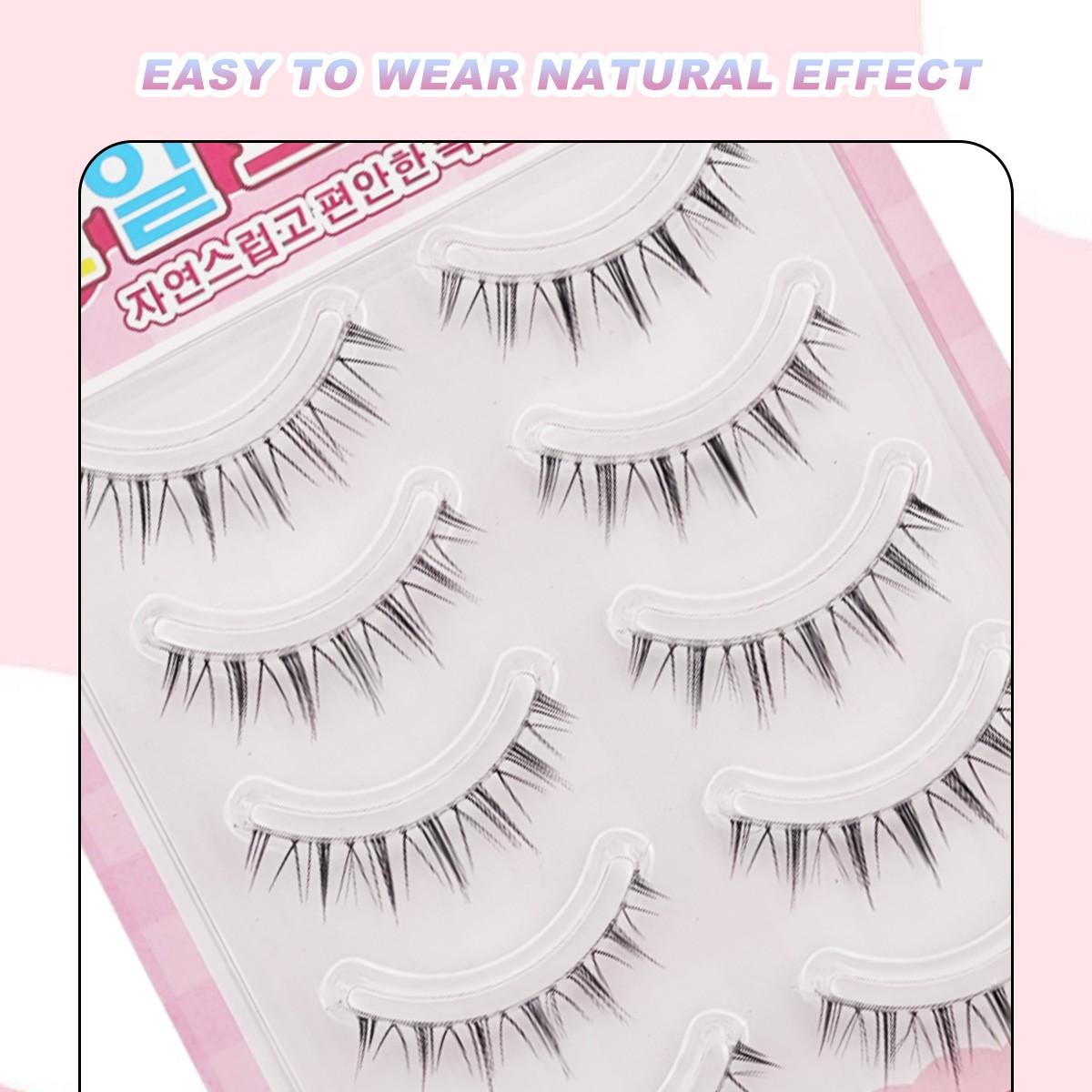 5 Pairs Of Manga False Eyelashes Natural Long Anime Style Korean K-Pop Makeup Transparent With Spike Girl Idol False Eyelash Set Suitable For Daily, Date, Holiday, Party, Wedding, Goddess Makeup