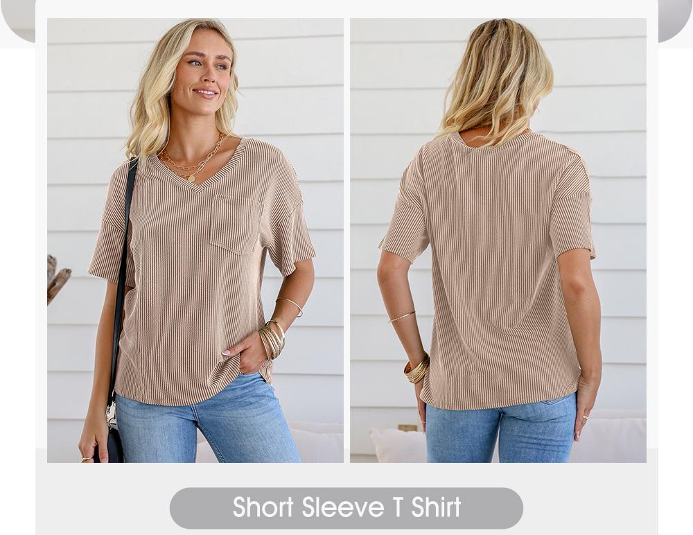 EVALESS Women's Oversized Summer T Shirts Tops V Neck Short Sleeve Ribbed Knitted Casual Loose Fit Blouses with Pocket 2026 Womenswear Springtok Outfits EVALESS Women's Oversized Summer T Shirts Tops V Neck Short Sleeve Ribbed Knitted Casual Loose Fit Blouses with Pocket 2026 Womenswear Springtok Outfits