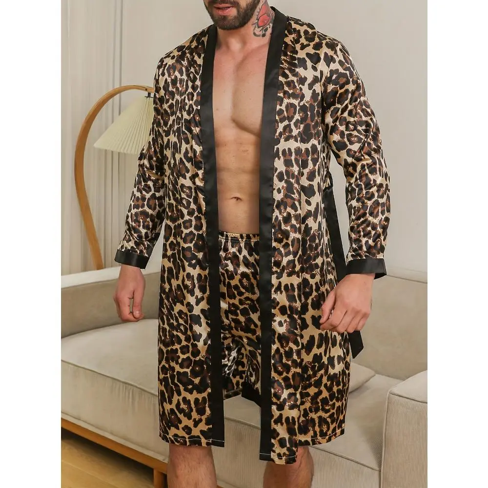 Leopard Print Satin Robe Set, Ice Silk Long Sleeve Bathrobe with Matching Color Shorts, Lightweight Home Loungewear