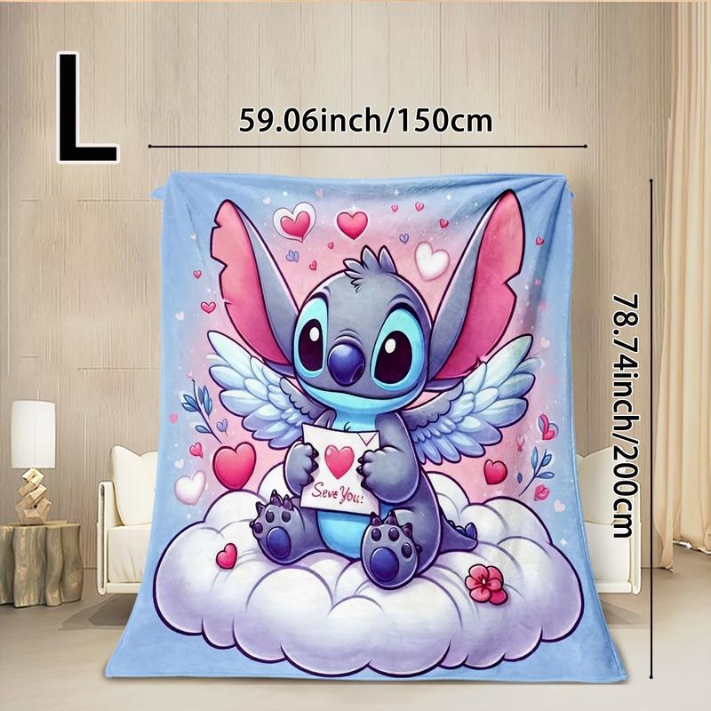 Cute Angel Stitch Cloud Theme Flannel Blanket, Light Blue Bottom, Winged Stitch Hugging Heart Card, I Love You Design, Valentine's Day Gift