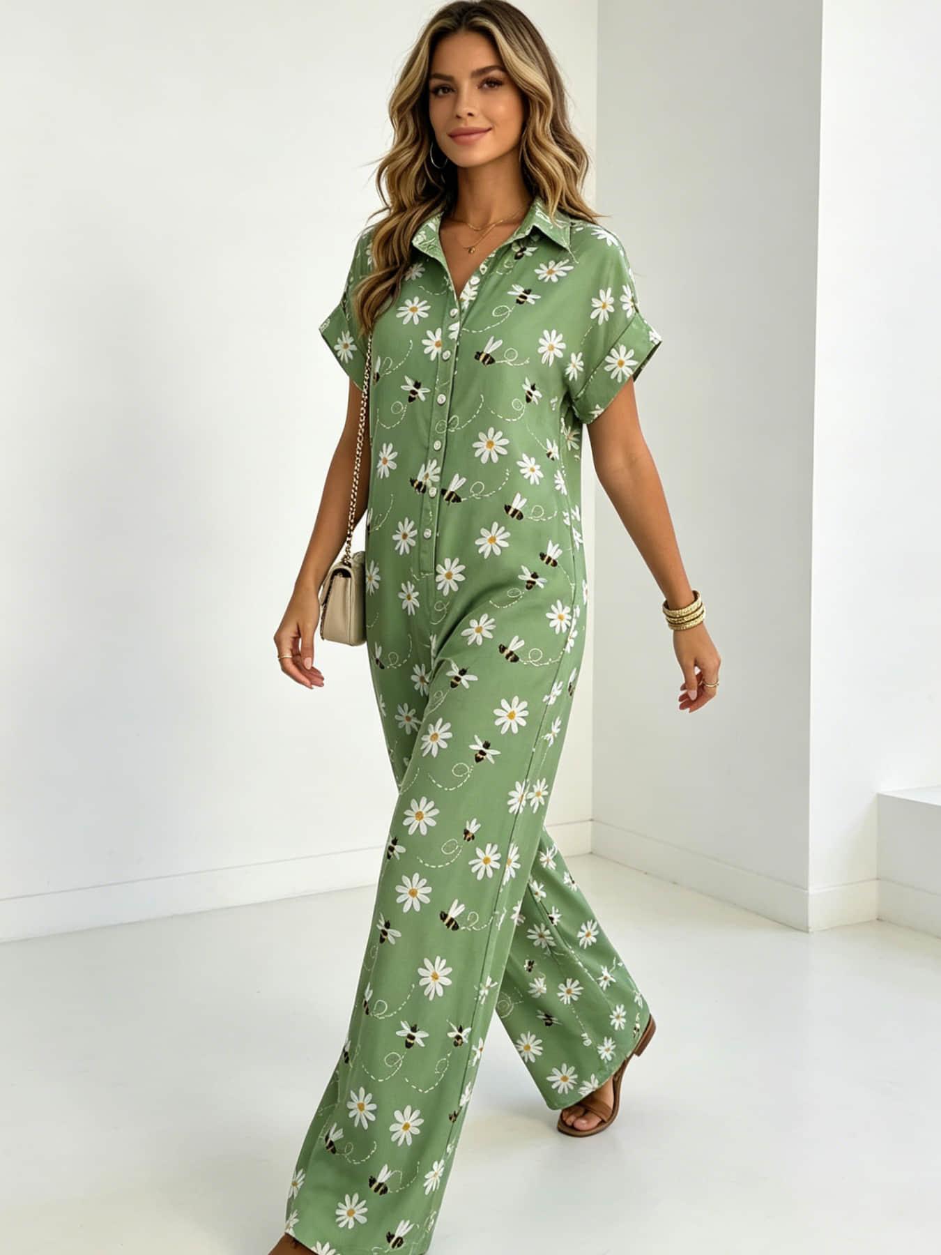 Women's Fashion French Style Chic Minimalist Loose-fit Oversized Jumpsuit with Button Design, Casual Wide-leg Jumpsuit for Summer, Womenswear, Suitable for Home, Outings, Vacation and Daily Commute, Holiday Jumpsuit