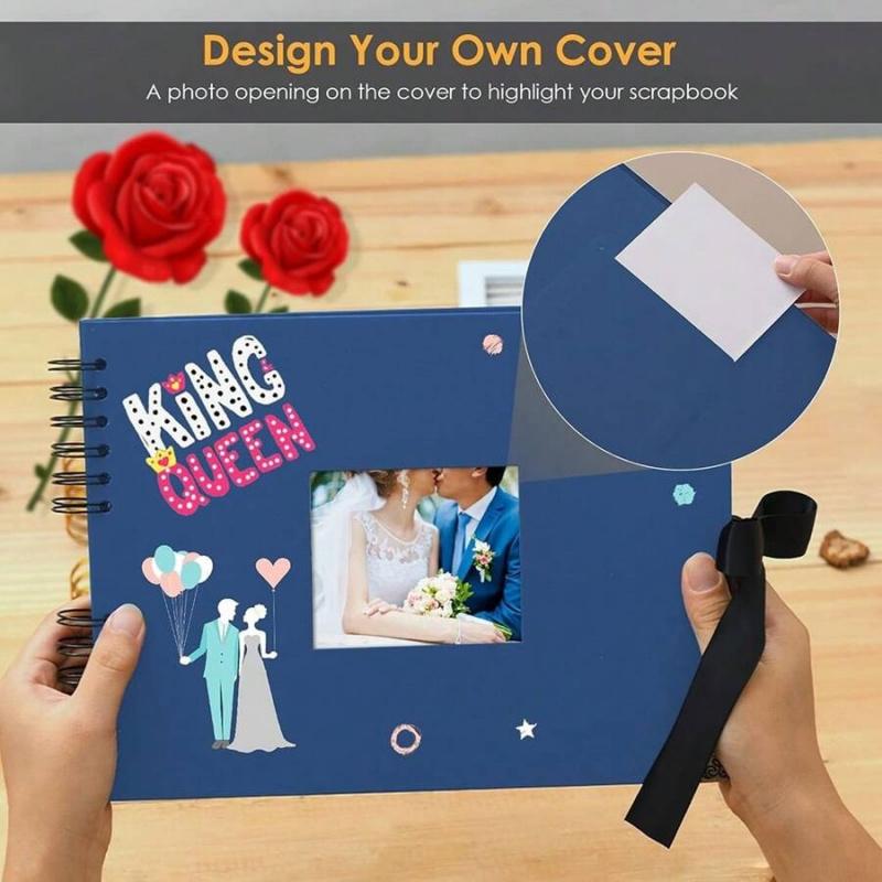 Spiral-Bound DIY Scrapbook Kit, Hardcover Photo Album with Ribbon Closure, Complete Set with Stickers & Stencils, Personalized Memory Journal for Weddings, Travel, Birthdays and Anniversaries