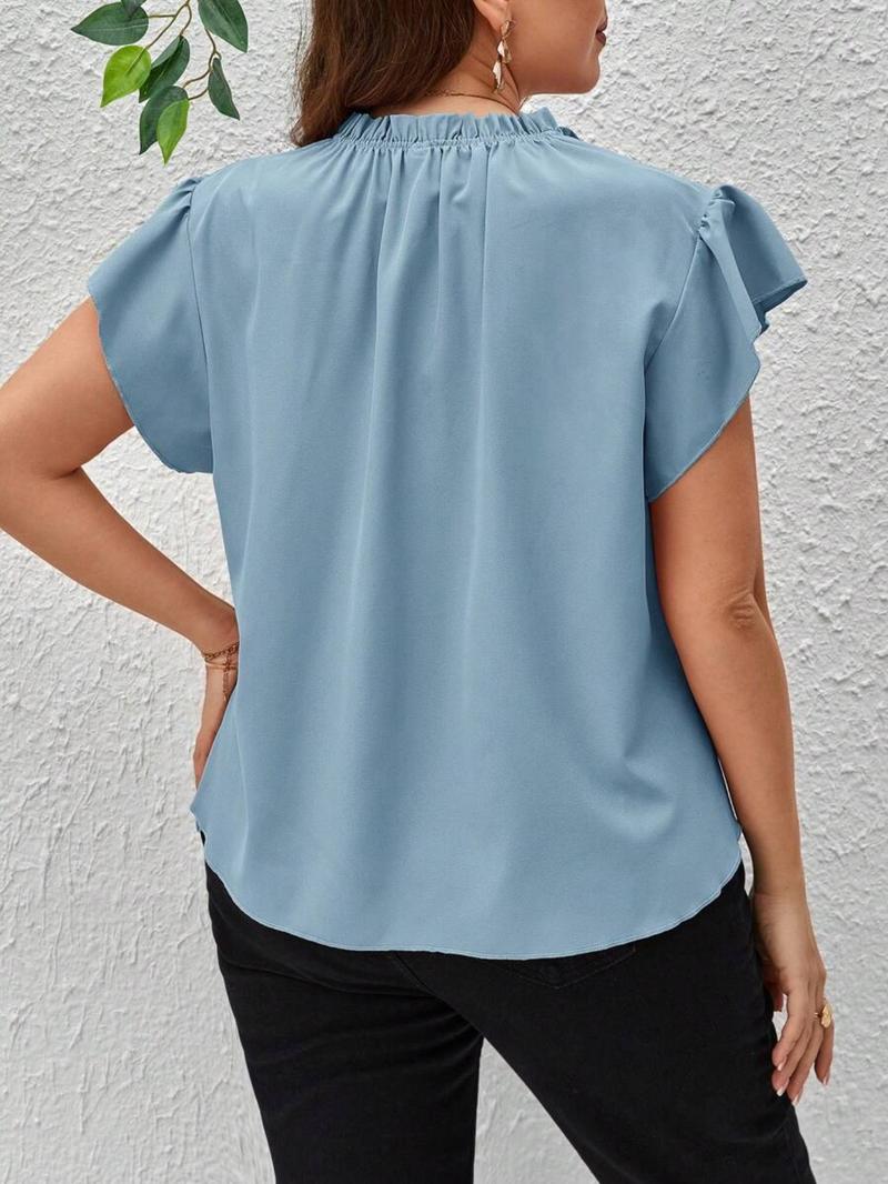 Classic Plus Series Notched Collar Butterfly Sleeve Half Button Front Shirt, Stylish Women's Blouse, Perfect for Casual Wear