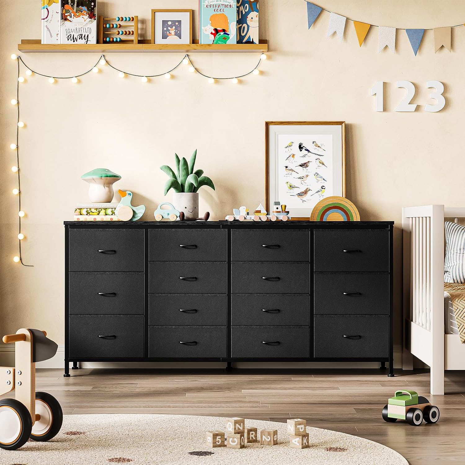 14 Drawer Dresser, 63 Inch Black Fabric Dresser TV Stand with Power Outlet for 65 70 75 Inch TV, Long Entertainment Center for Bedroom, Closet, Living Room, Entryway